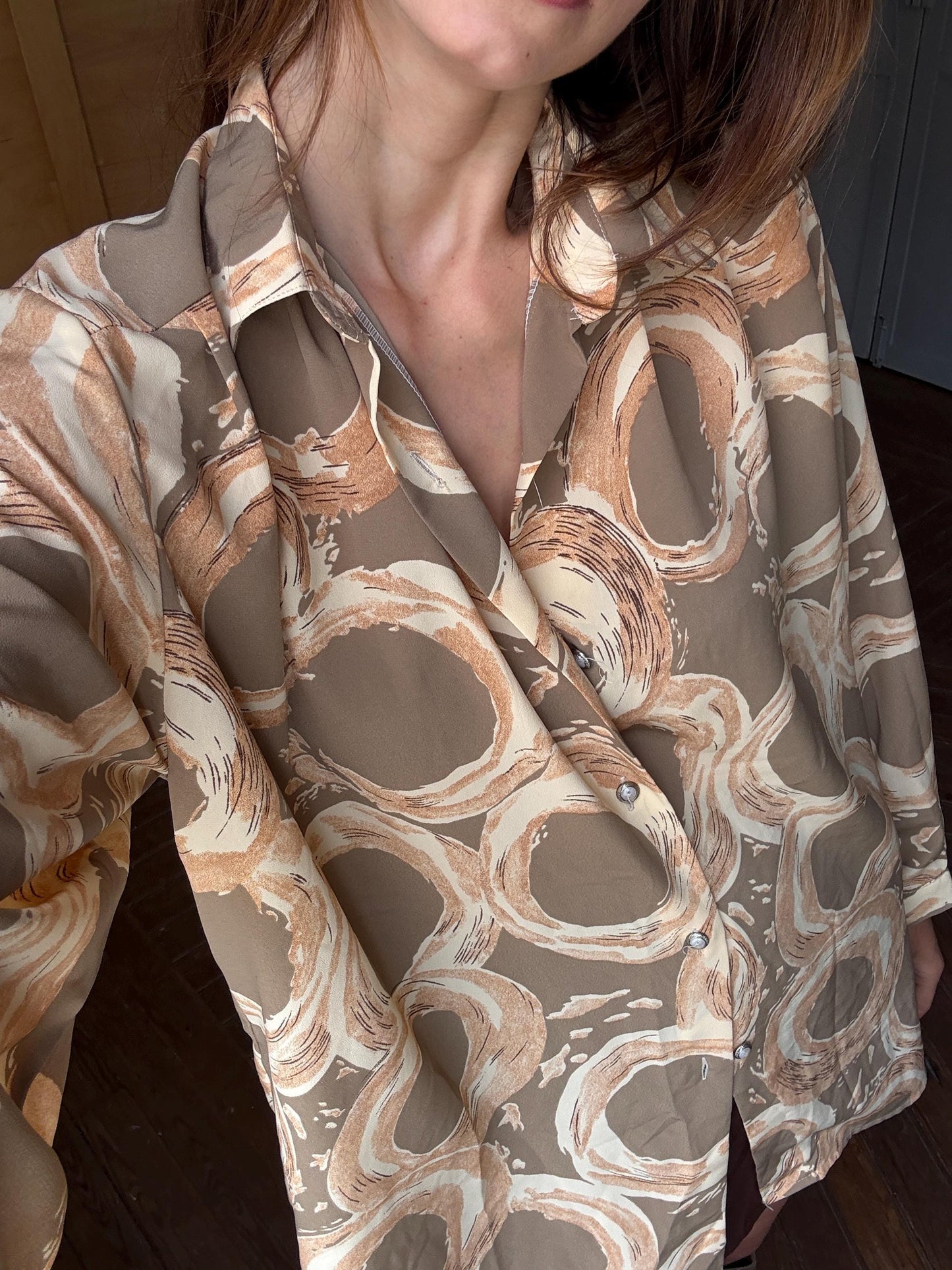 Vintage groovy abstract print summer blouse, oversized fit, breezy and cool, 70s retro vibes,