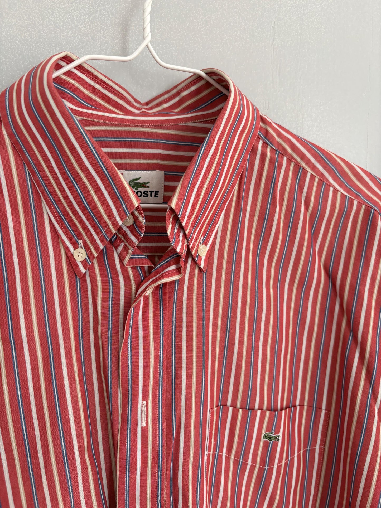 Vintage Red lacoste striped men's shirt, Elegant button up shirt, Knot tie oversized blouse, Colourful boyfriend clothing,