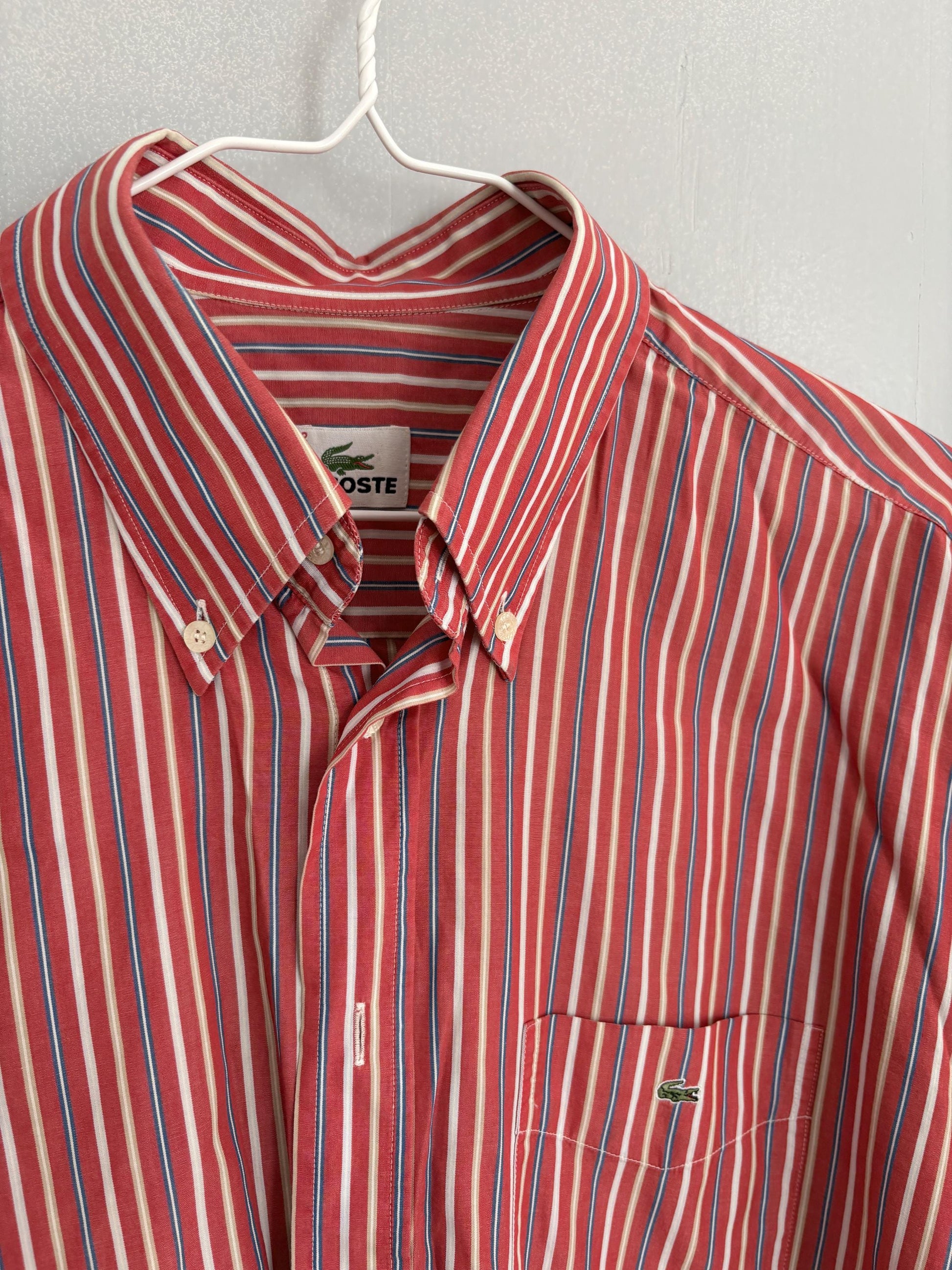 Vintage Red lacoste striped men's shirt, Elegant button up shirt, Knot tie oversized blouse, Colourful boyfriend clothing,