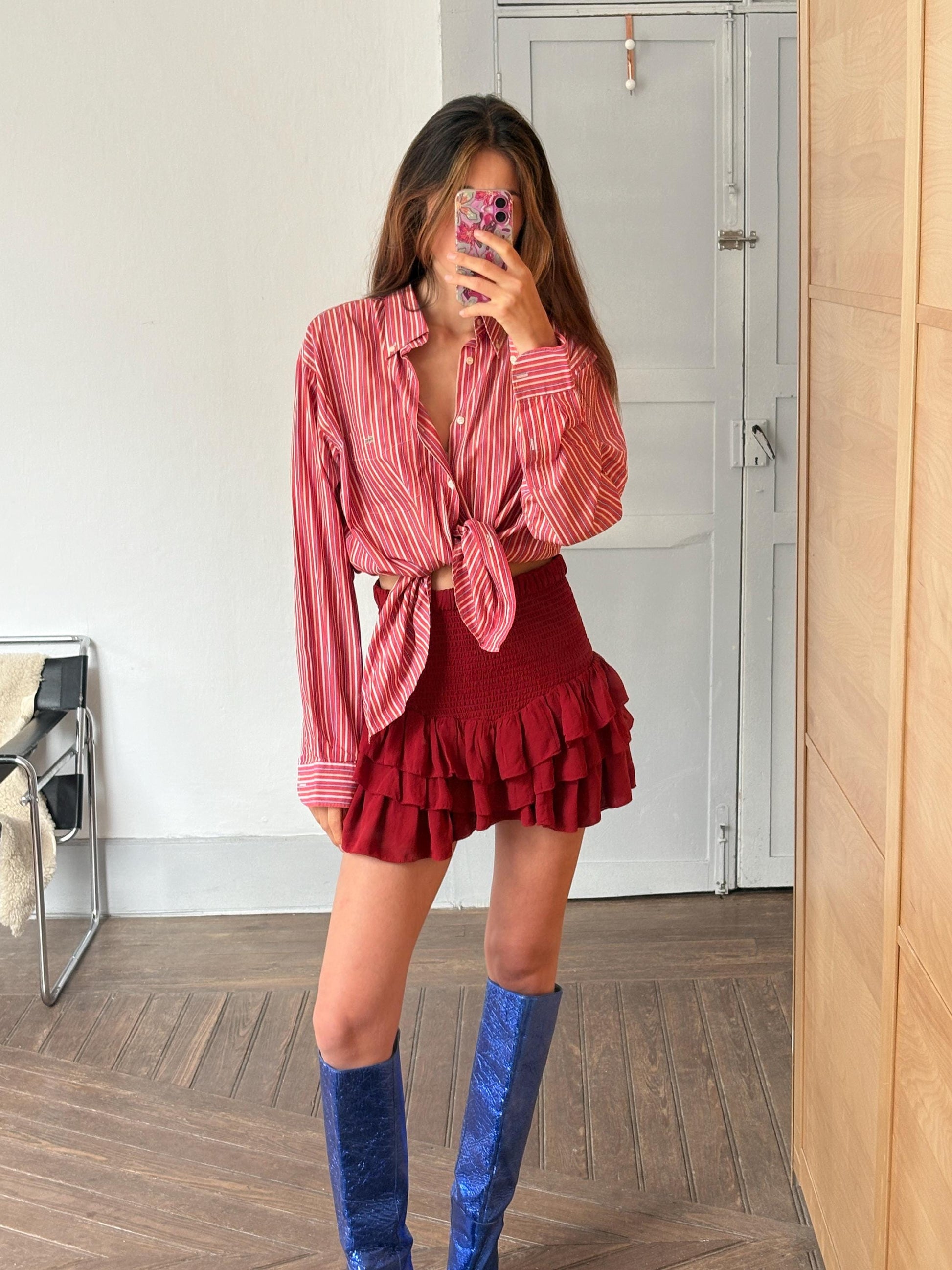 Vintage Red lacoste striped men's shirt, Elegant button up shirt, Knot tie oversized blouse, Colourful boyfriend clothing,