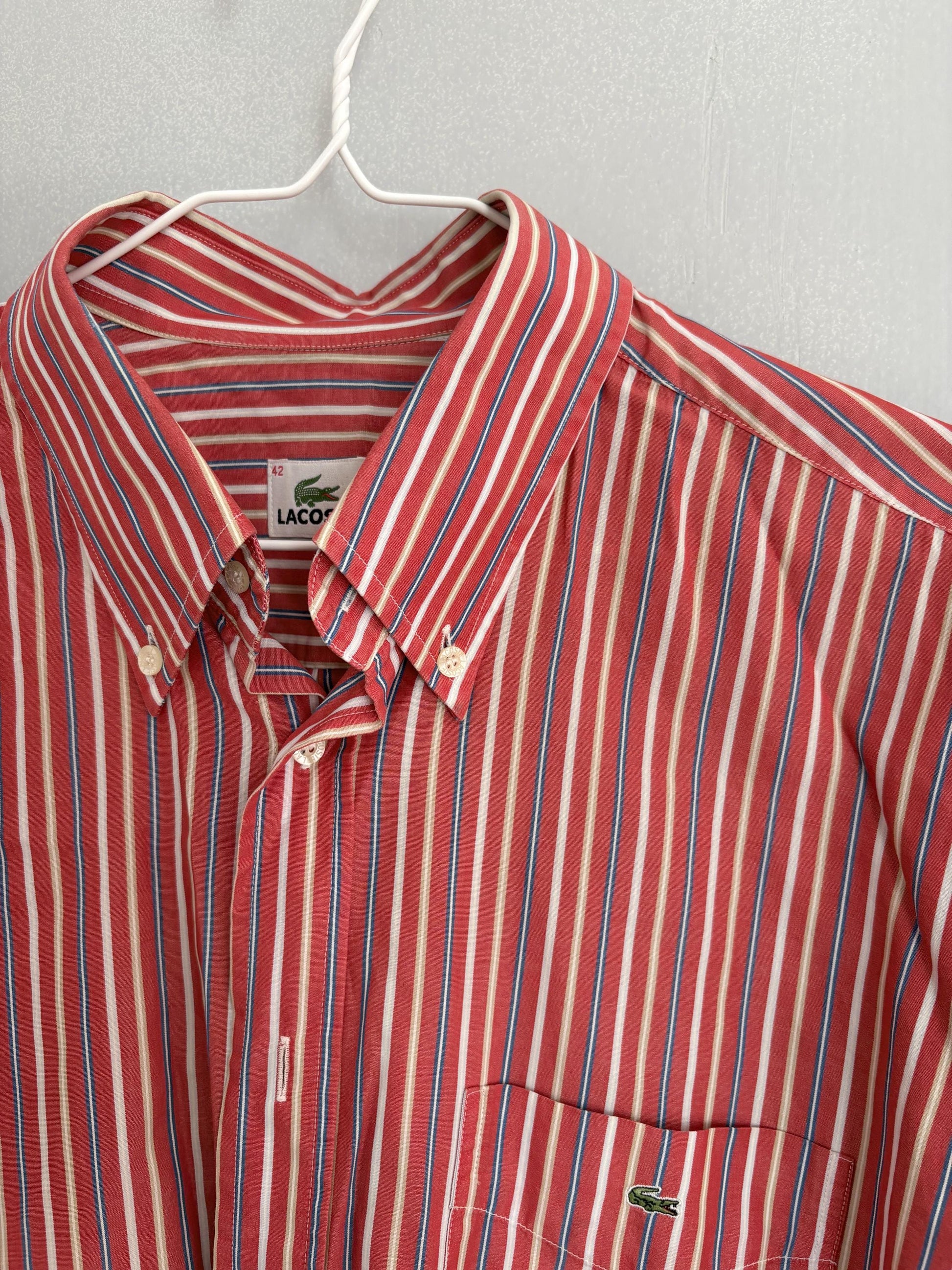 Vintage Red lacoste striped men's shirt, Elegant button up shirt, Knot tie oversized blouse, Colourful boyfriend clothing,