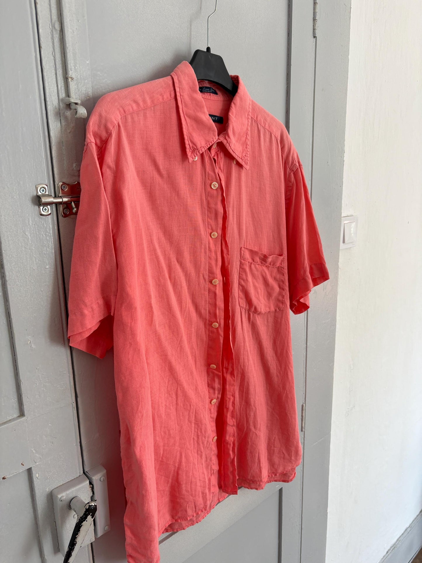 vintage gant salmon pink shirt linen shirt 100% linen scandic style regular fit oversized women men button down shirt, Size XL