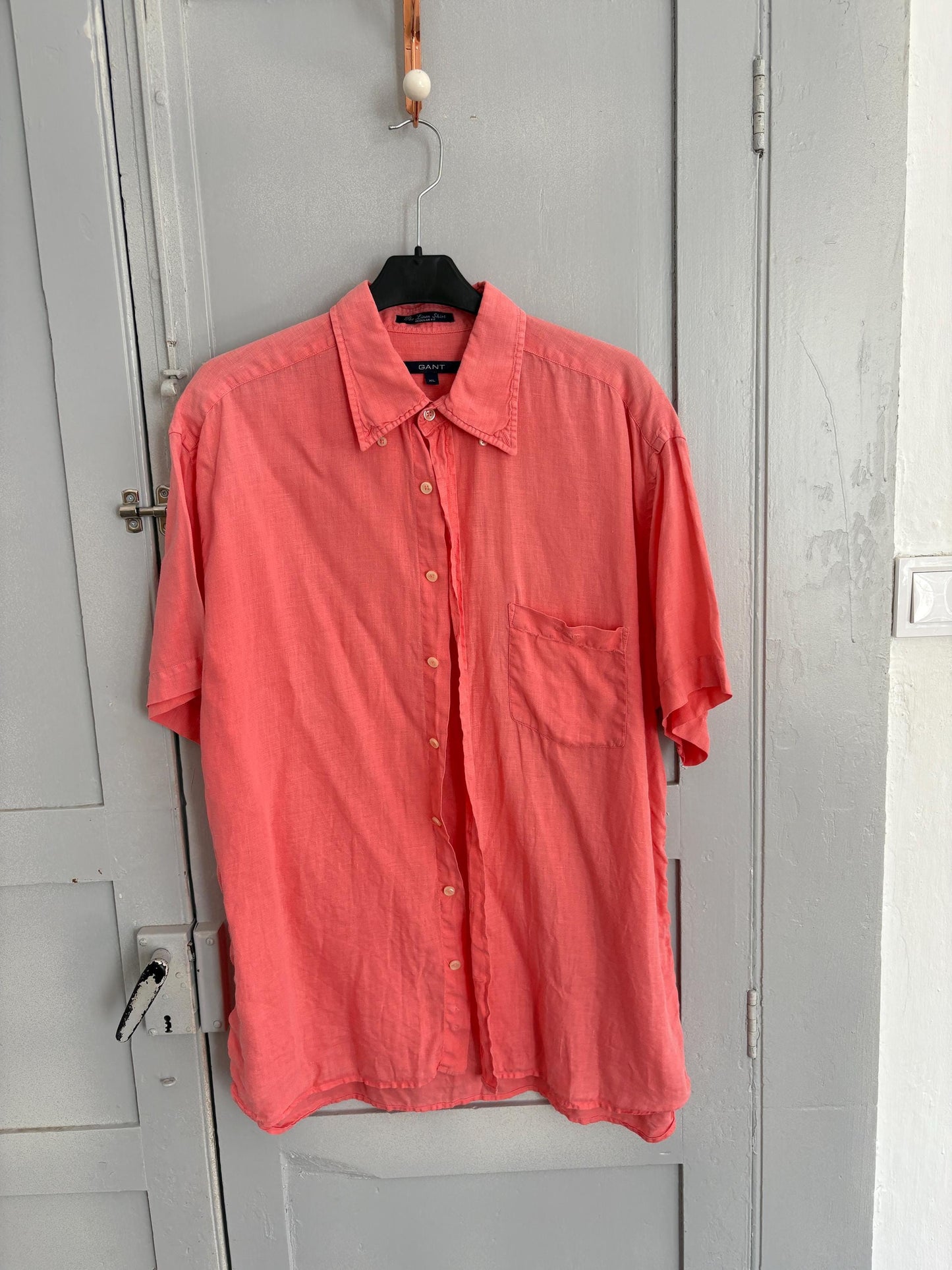 vintage gant salmon pink shirt linen shirt 100% linen scandic style regular fit oversized women men button down shirt, Size XL