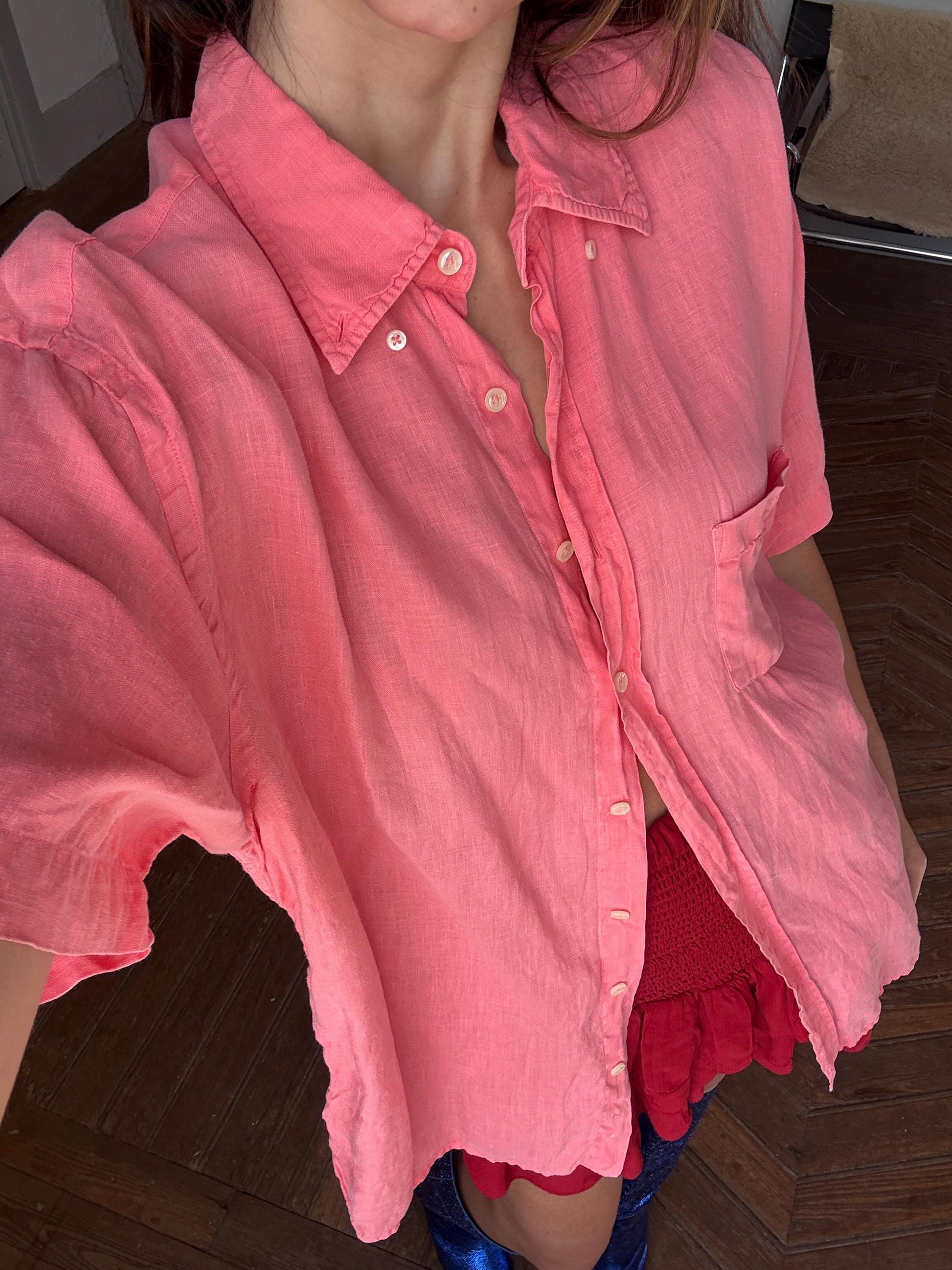 vintage gant salmon pink shirt linen shirt 100% linen scandic style regular fit oversized women men button down shirt, Size XL