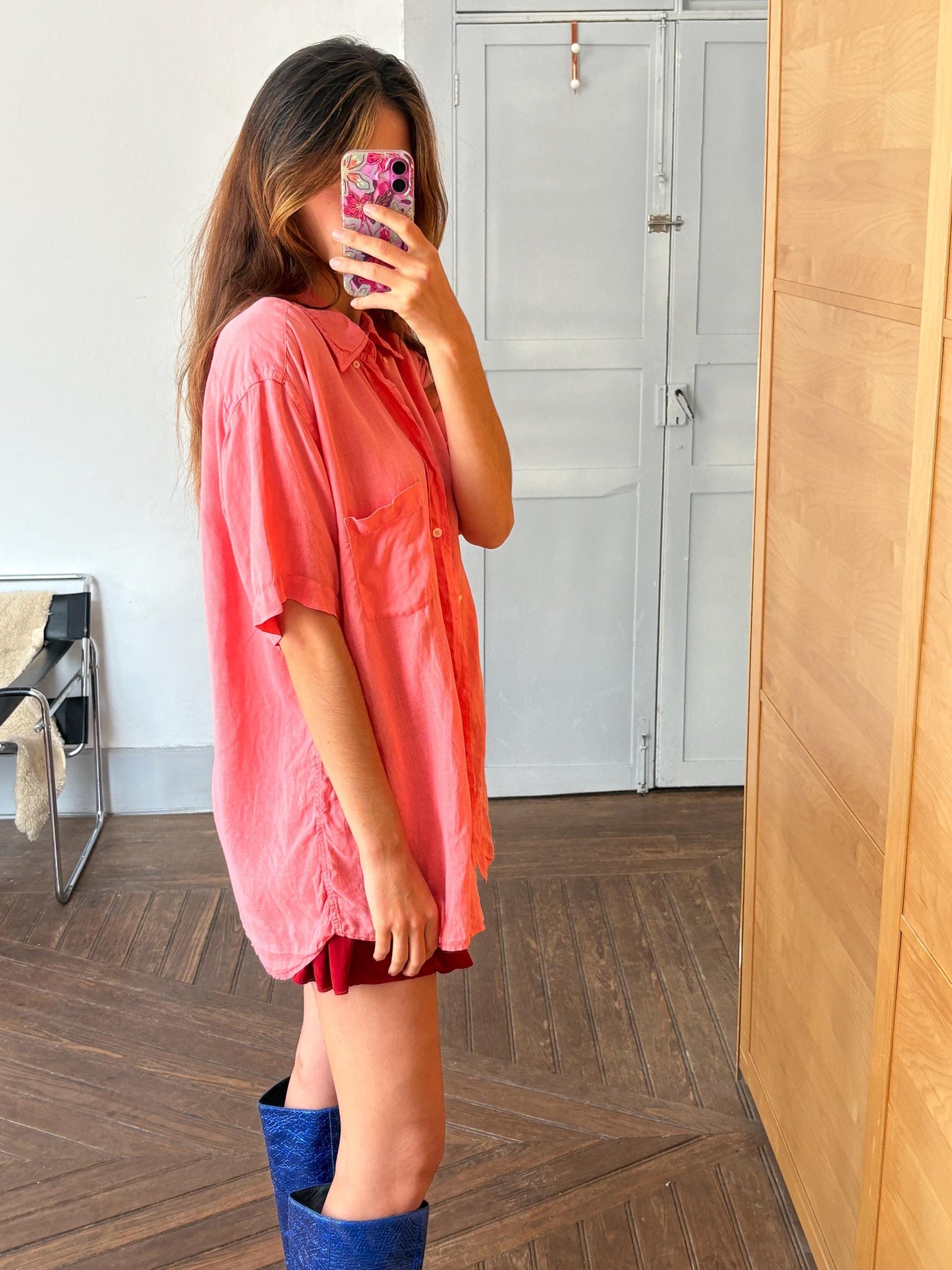 vintage gant salmon pink shirt linen shirt 100% linen scandic style regular fit oversized women men button down shirt, Size XL