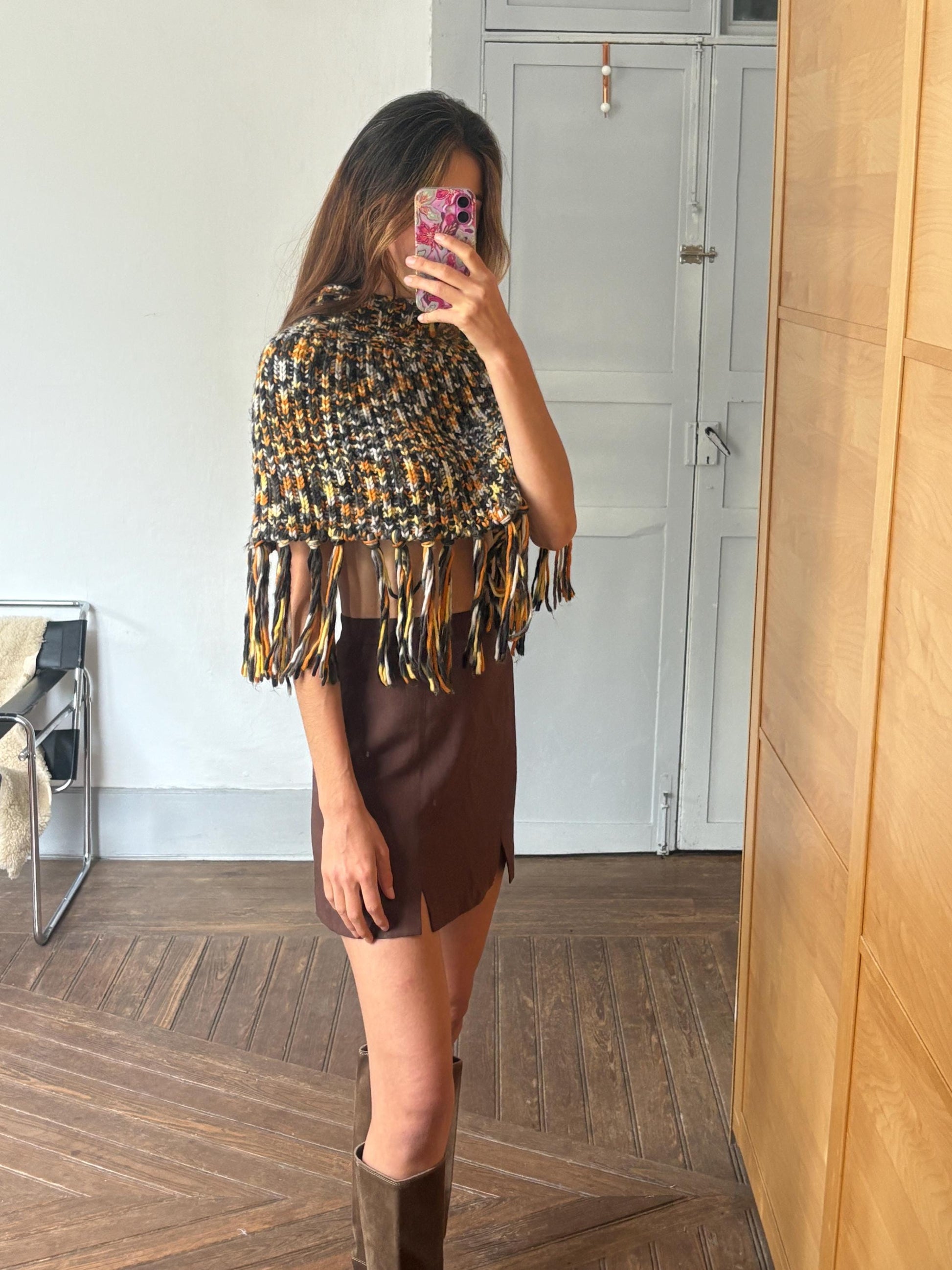 Vintage Colourful knit poncho, Sexy cropped unique top, 90s style winter wear,