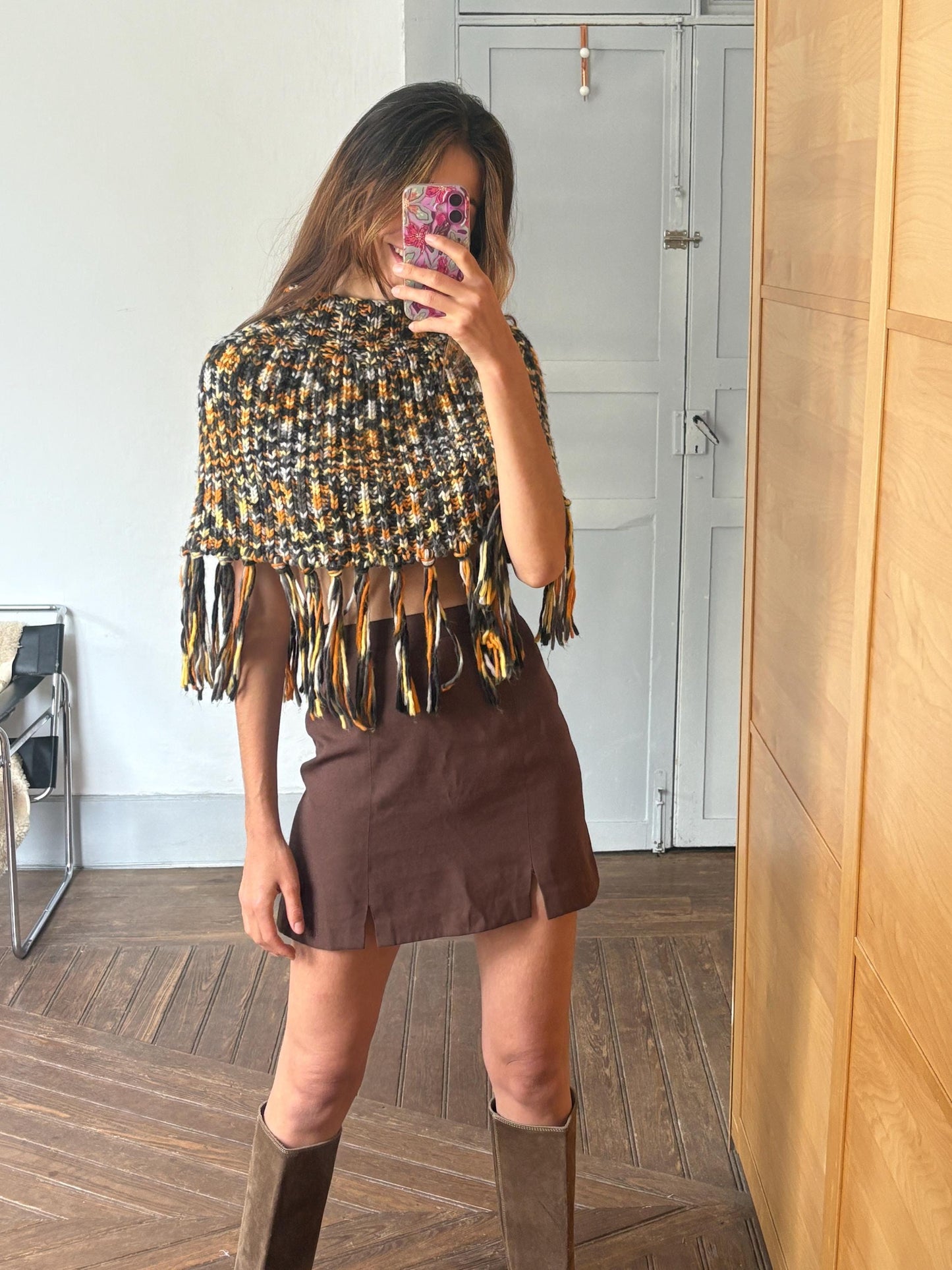 Vintage Colourful knit poncho, Sexy cropped unique top, 90s style winter wear,