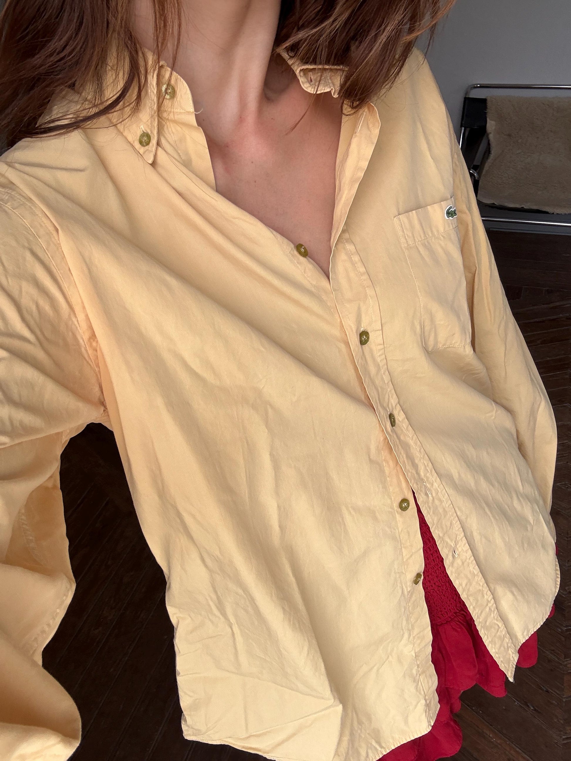 Vintage Yellow Lacoste Cotton Shirt L | Classic 90s Button-Up Unisex Style