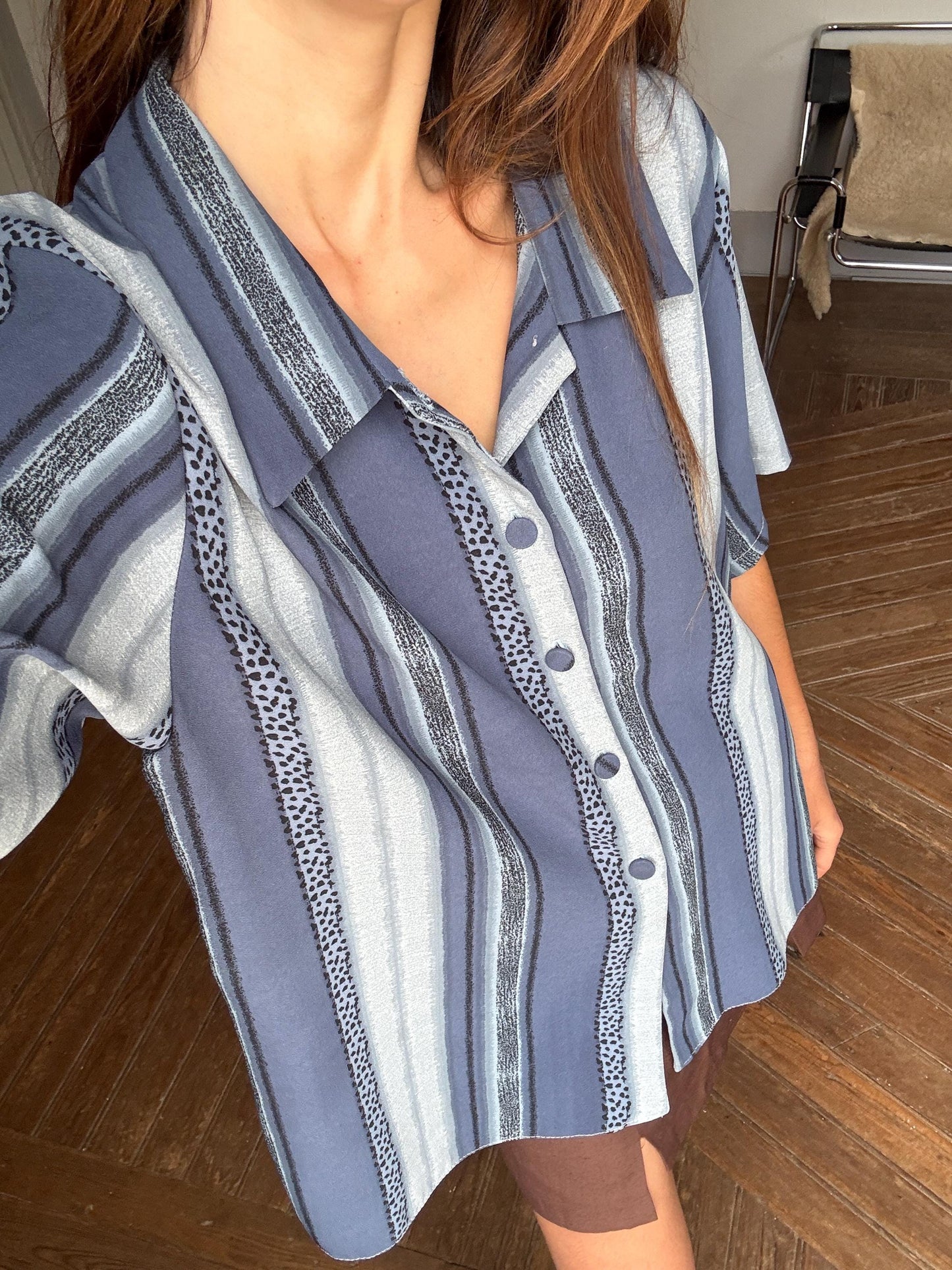 Vintage Aaron Design striped blue shirt made in England, unisex boxy fit retro button up, Groovy 80s - 90s fashion, Size L