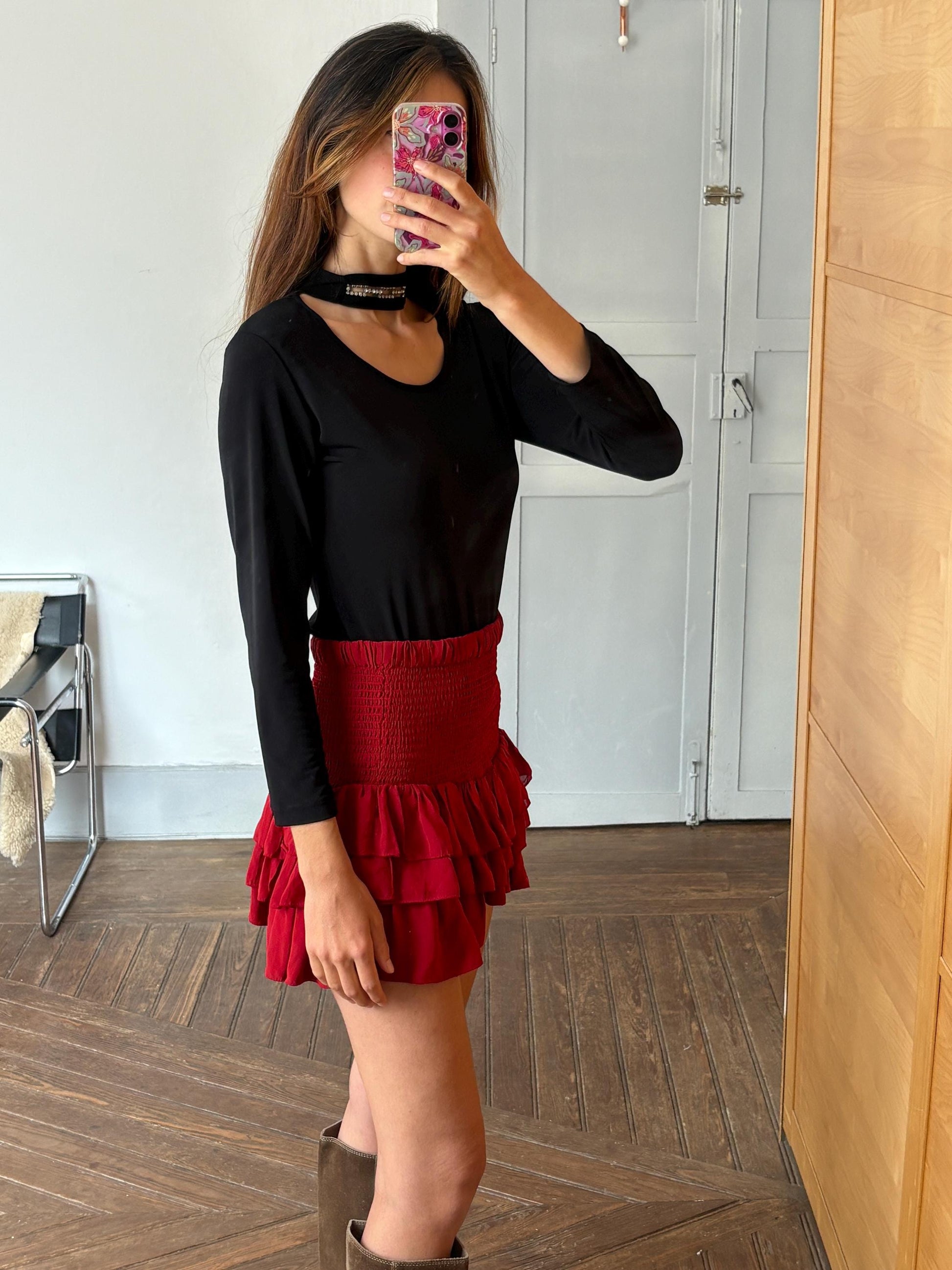 Y2K Vera Finzzi Paris Black Top – Vintage Choker Strap Blouse, French Designer, Made in France, Long Sleeve Minimalist Party Top Size S/M