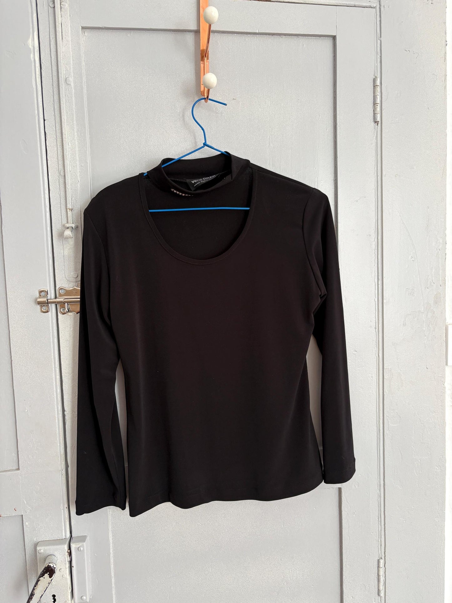 Y2K Vera Finzzi Paris Black Top – Vintage Choker Strap Blouse, French Designer, Made in France, Long Sleeve Minimalist Party Top Size S/M