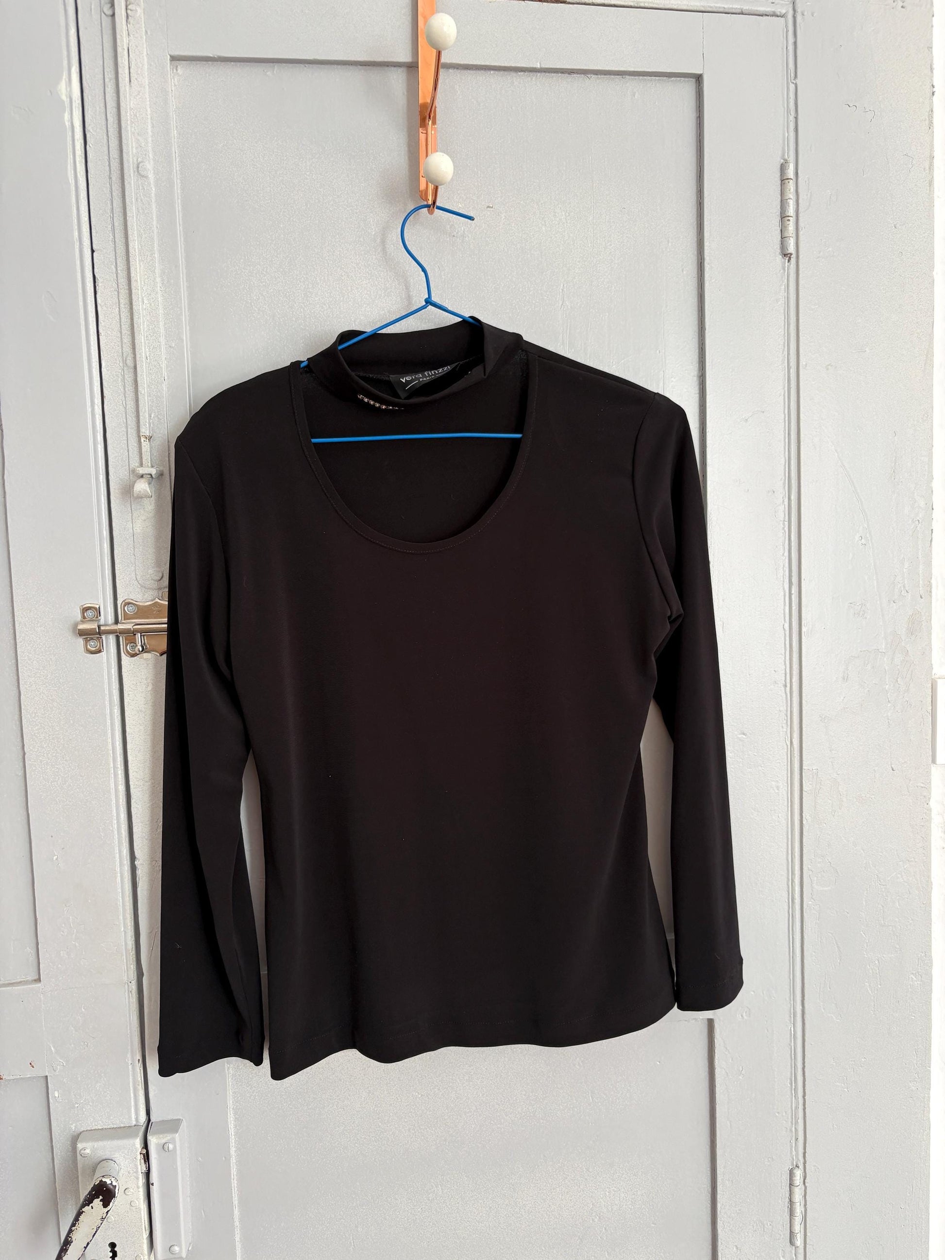 Y2K Vera Finzzi Paris Black Top – Vintage Choker Strap Blouse, French Designer, Made in France, Long Sleeve Minimalist Party Top Size S/M