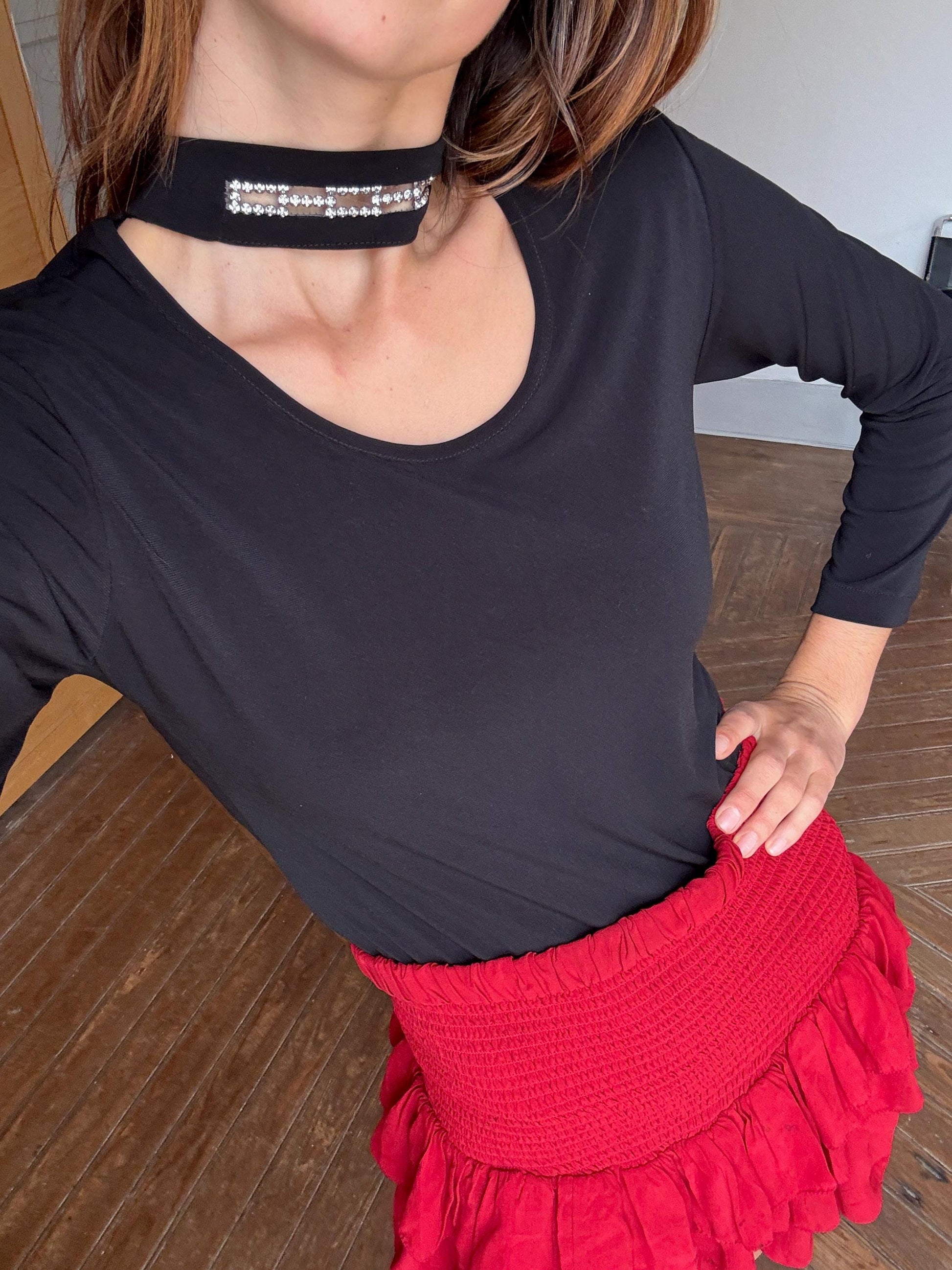 Y2K Vera Finzzi Paris Black Top – Vintage Choker Strap Blouse, French Designer, Made in France, Long Sleeve Minimalist Party Top Size S/M