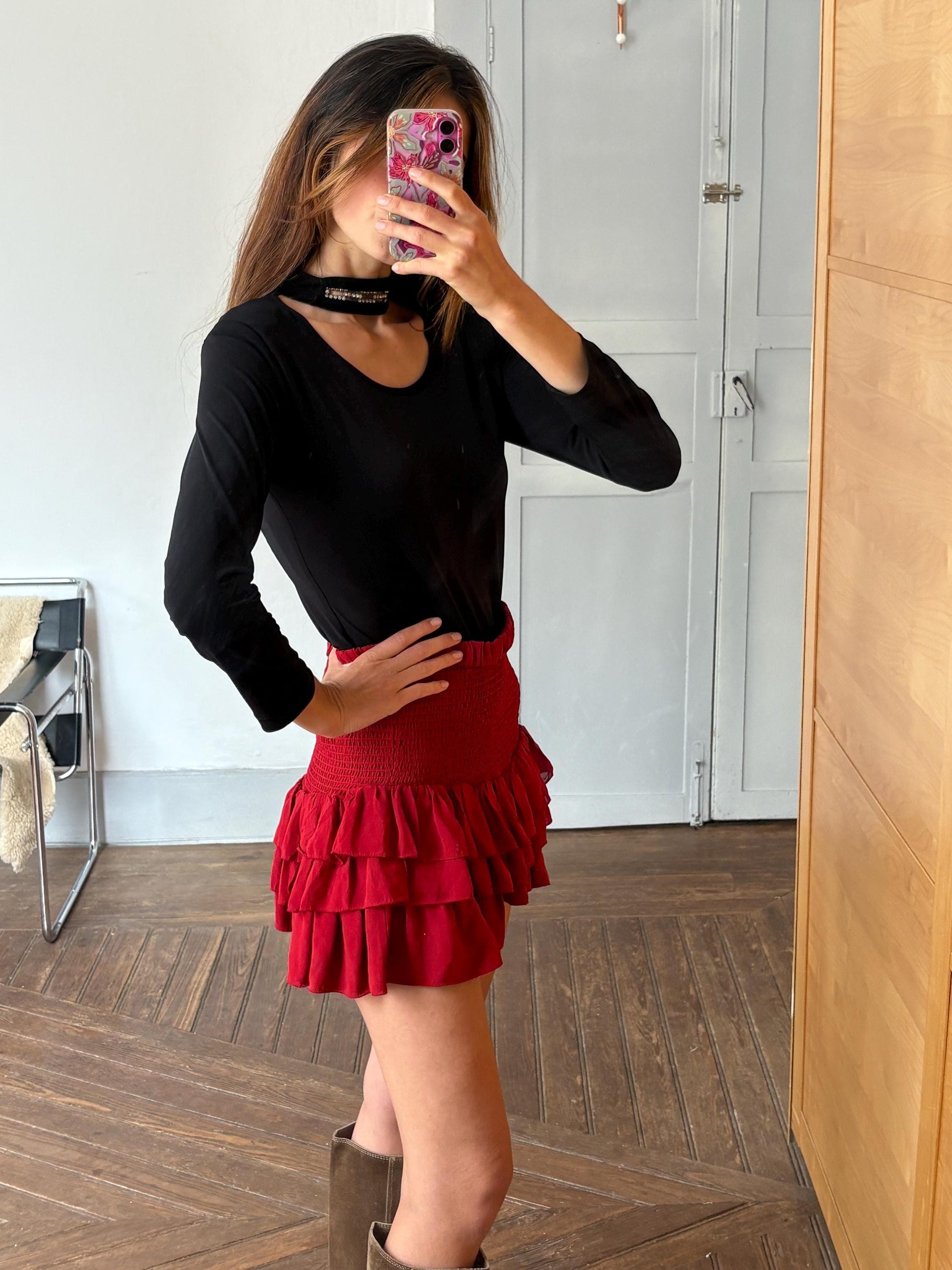 Y2K Vera Finzzi Paris Black Top – Vintage Choker Strap Blouse, French Designer, Made in France, Long Sleeve Minimalist Party Top Size S/M