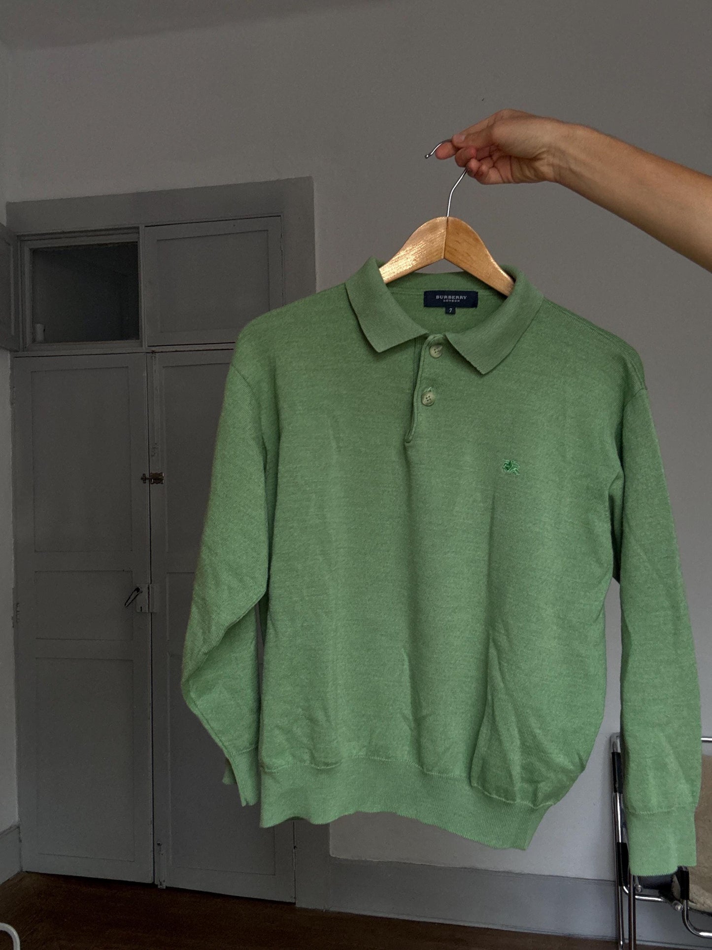 Vintage green Burberry London merino wool polo collar pullover – size 7 – classic preppy style