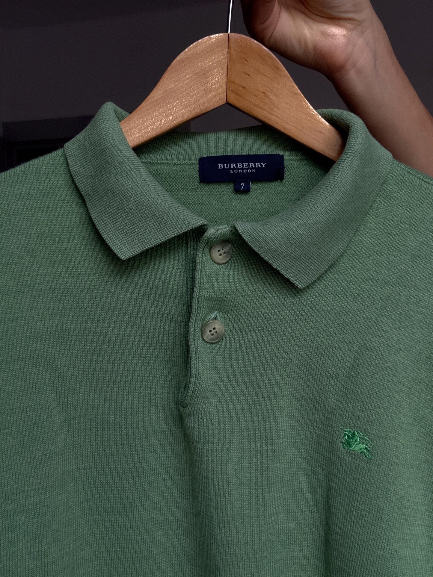 Vintage green Burberry London merino wool polo collar pullover – size 7 – classic preppy style