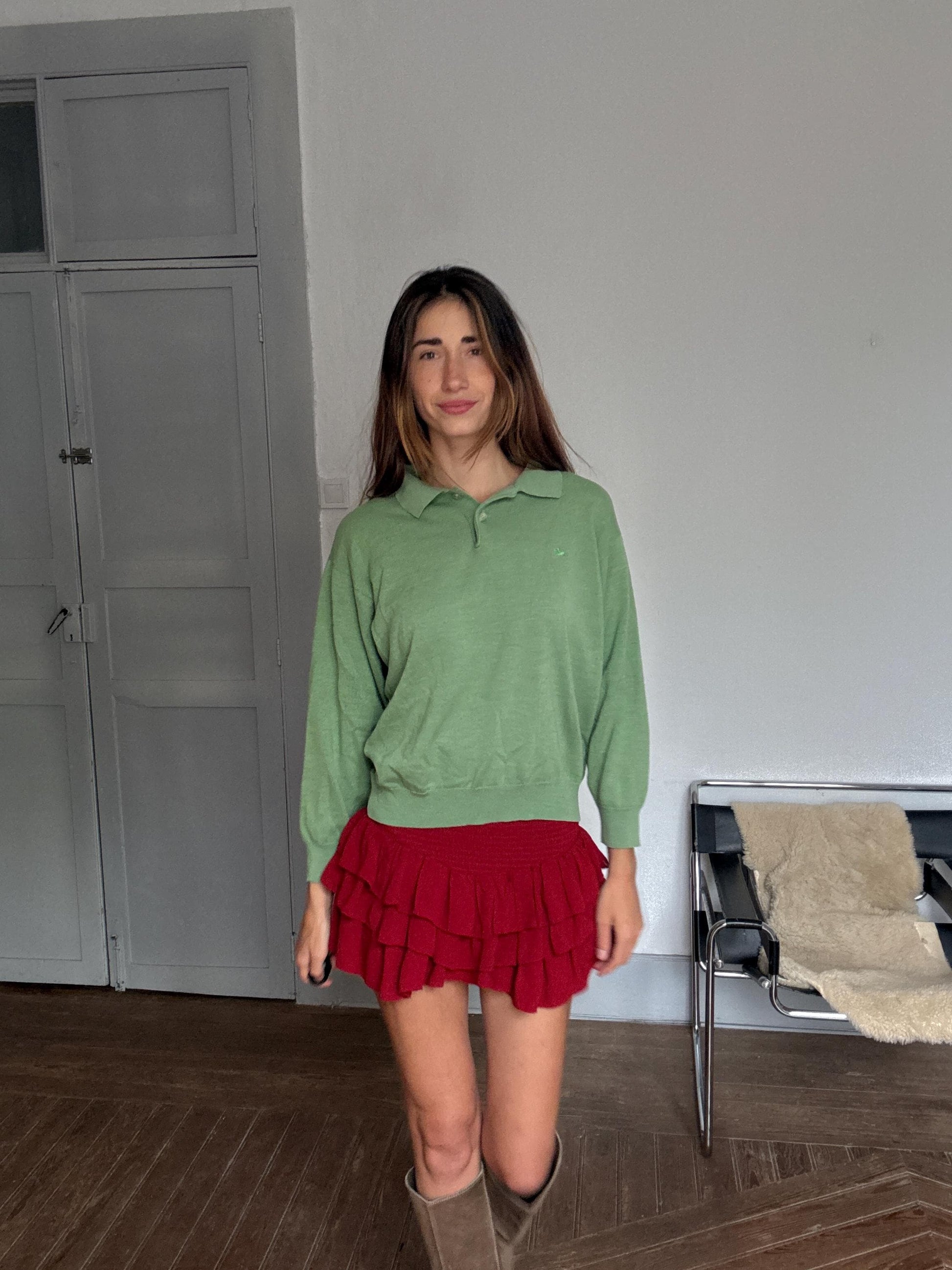 Vintage Green Merino Wool Polo Pullover — fabric close-up