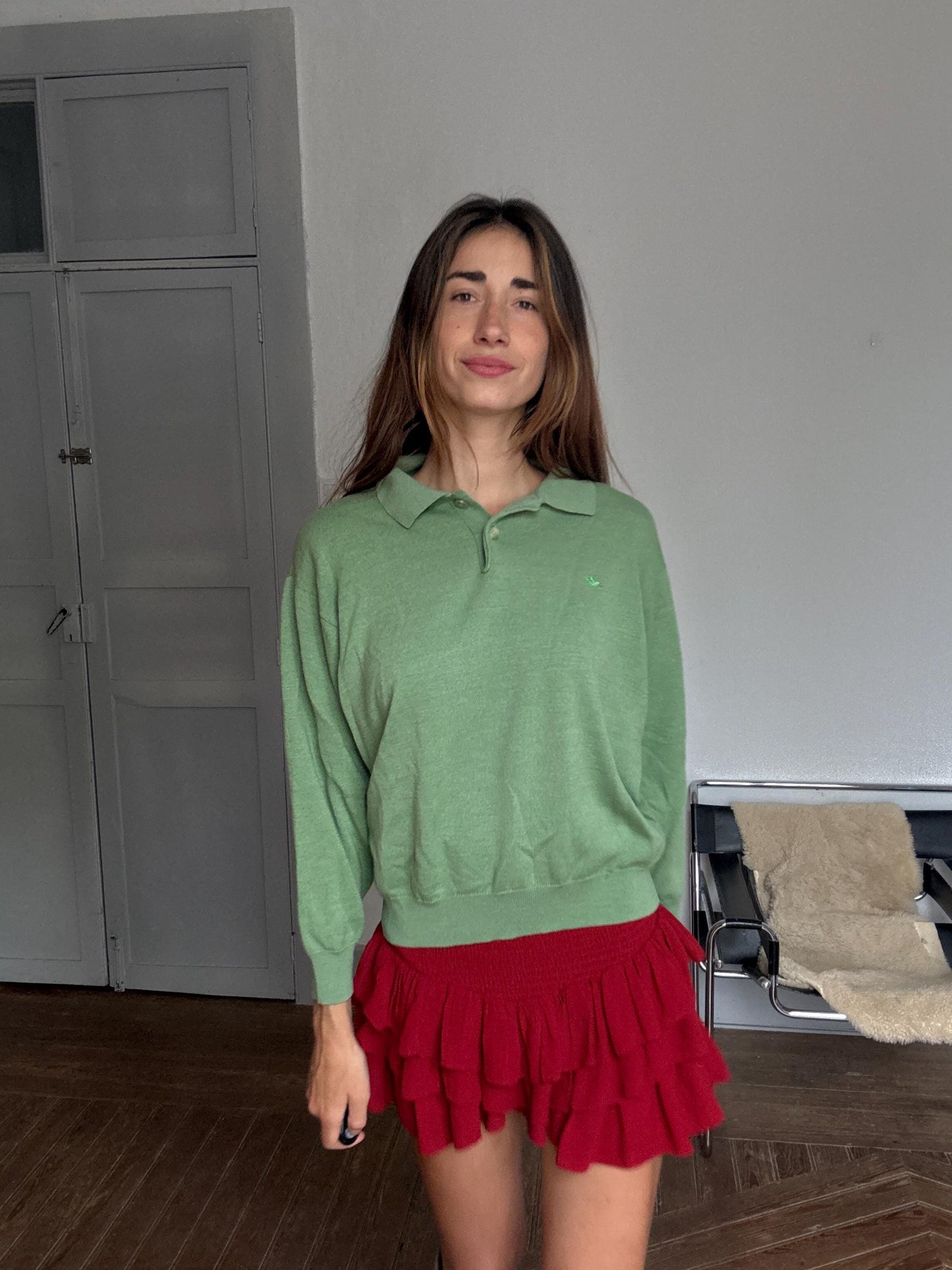 Vintage green Burberry London merino wool polo collar pullover – size 7 – classic preppy style