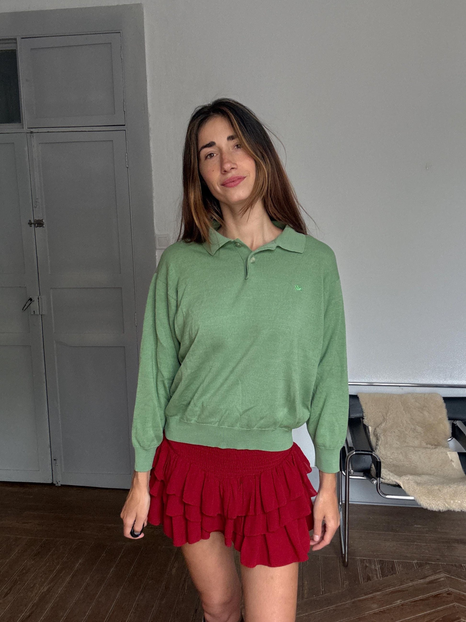 Vintage Green Merino Wool Polo Pullover — back view