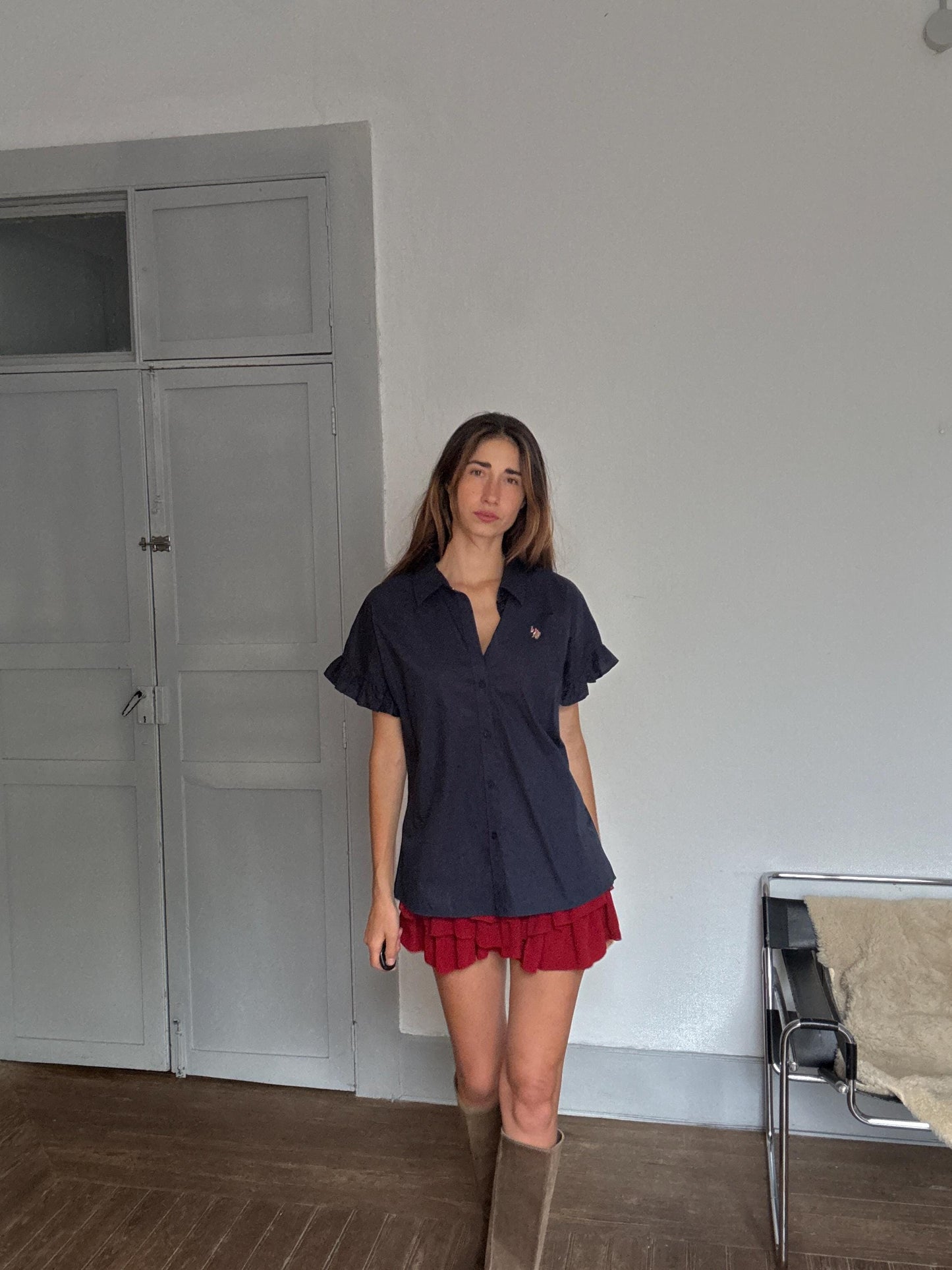 Navy Cotton Ruffle-Sleeve Blouse — additional view 6