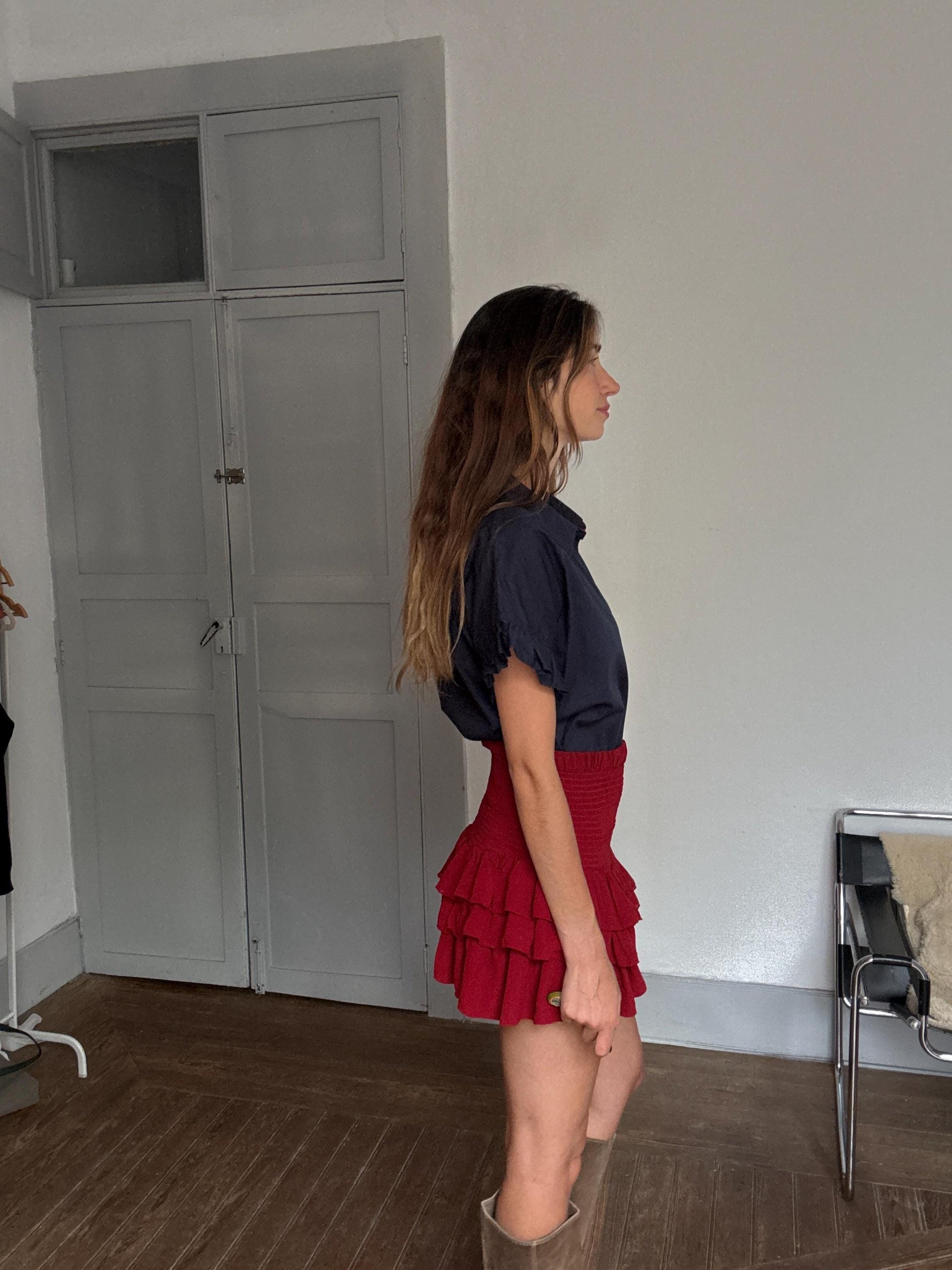 Navy Cotton Ruffle-Sleeve Blouse — additional view 5
