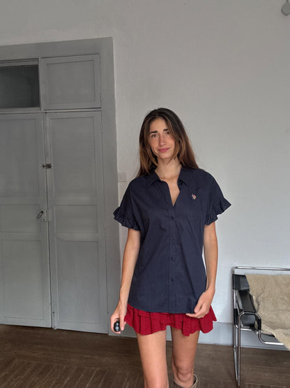 Navy Cotton Ruffle-Sleeve Blouse — additional view 7