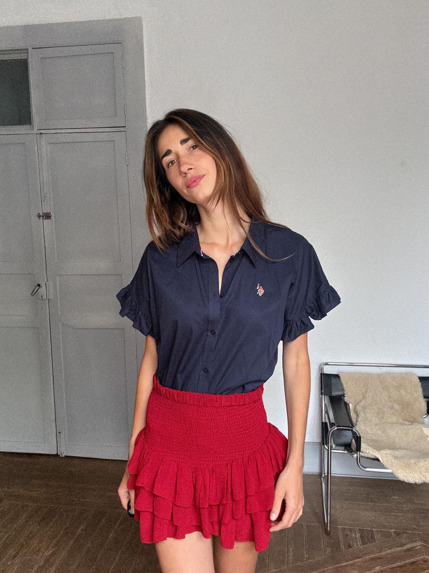 Navy Cotton Ruffle-Sleeve Blouse — detail