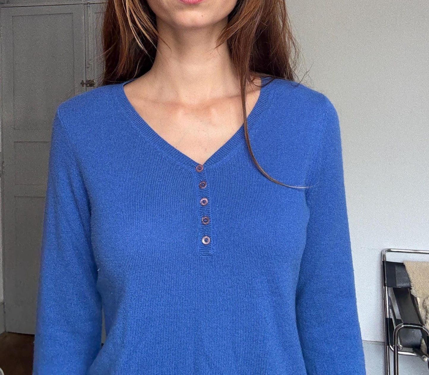Cobalt Blue 100% Cashmere V-Neck Sweater — back view