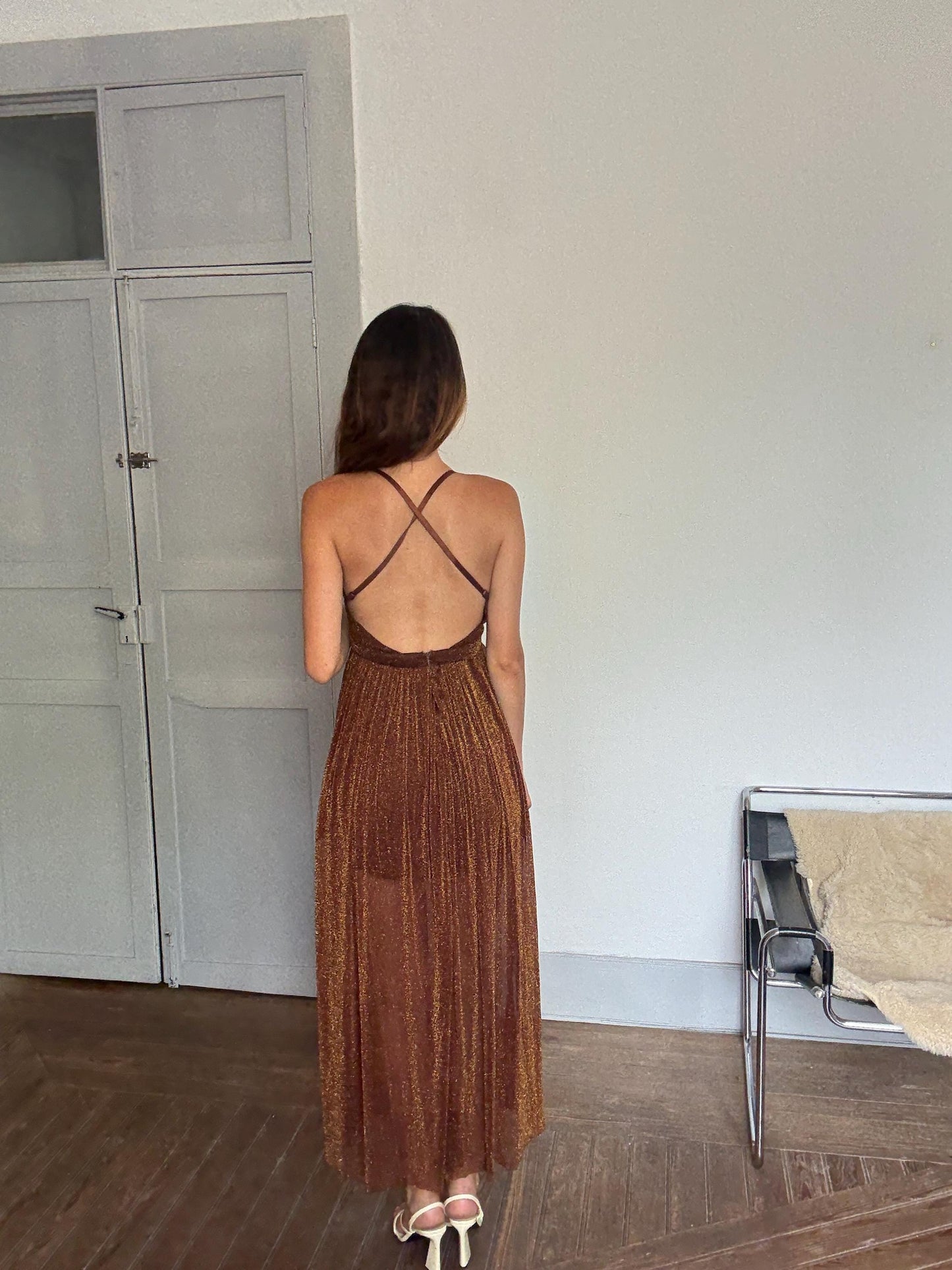 Sparkly Brown Sheer Dress – Lightweight Crinkle Mesh Maxi with Open Back & V-Neck, Perfect for Events or Summer Days, Size S