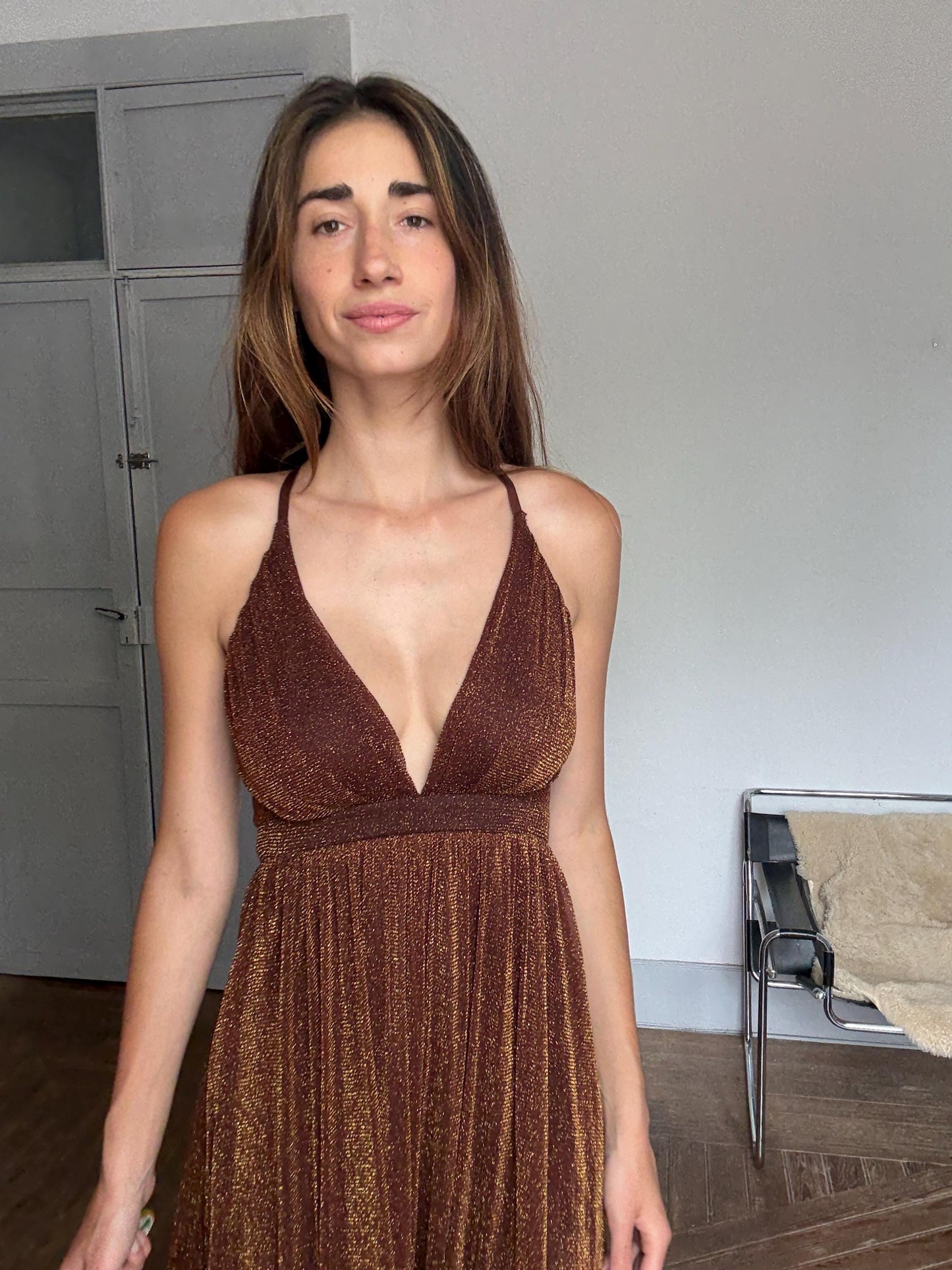 Sparkly Brown Sheer Dress – Lightweight Crinkle Mesh Maxi with Open Back & V-Neck, Perfect for Events or Summer Days, Size S