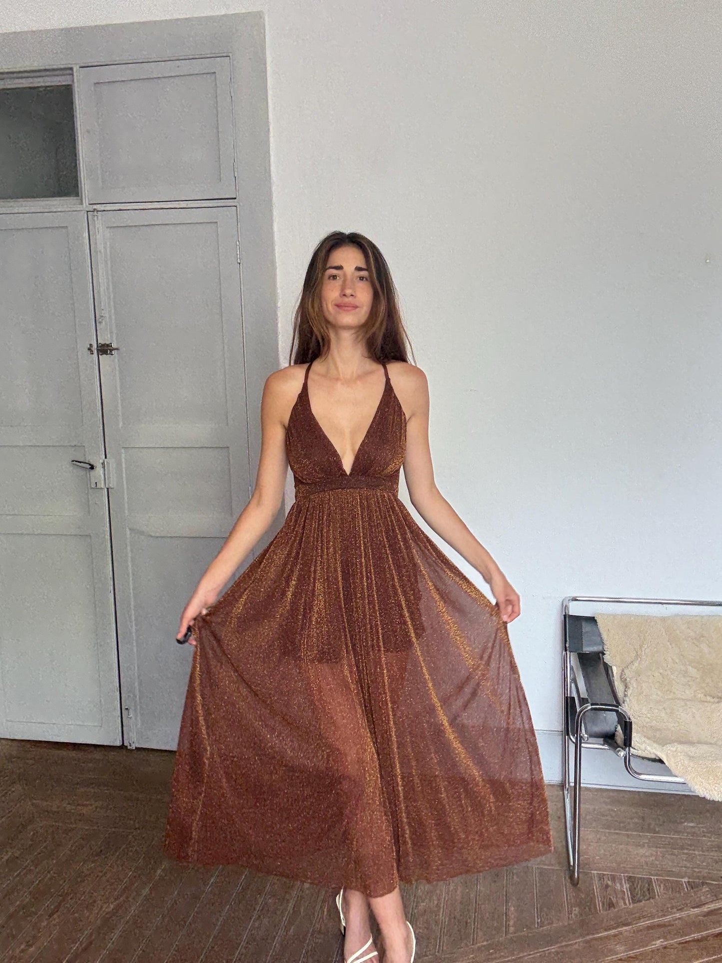 Sparkly Brown Sheer Dress – Lightweight Crinkle Mesh Maxi with Open Back & V-Neck, Perfect for Events or Summer Days, Size S