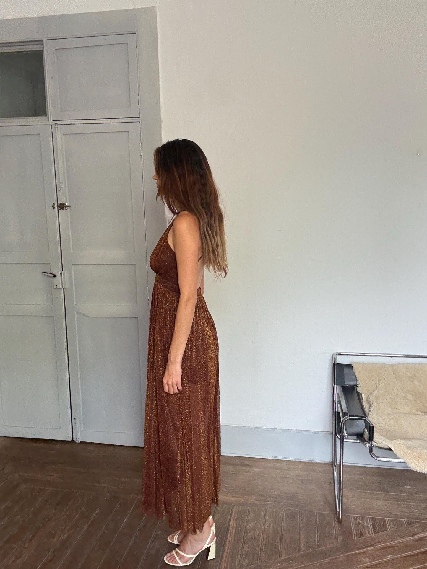 Sparkly Brown Sheer Dress – Lightweight Crinkle Mesh Maxi with Open Back & V-Neck, Perfect for Events or Summer Days, Size S