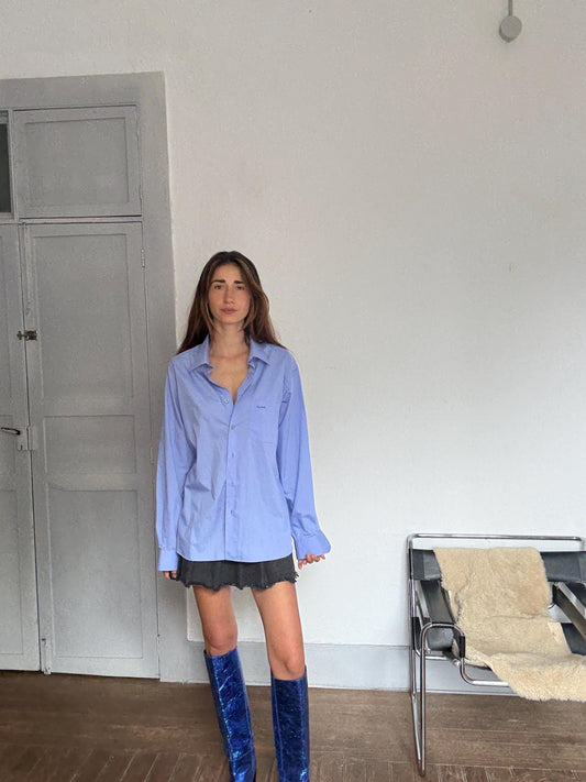 Vintage Pierre Cardin Classic Blue Shirt – Unisex Oversized Button-Up, 80s Style in Cotton Blend, Menswear-Inspired, Size L
