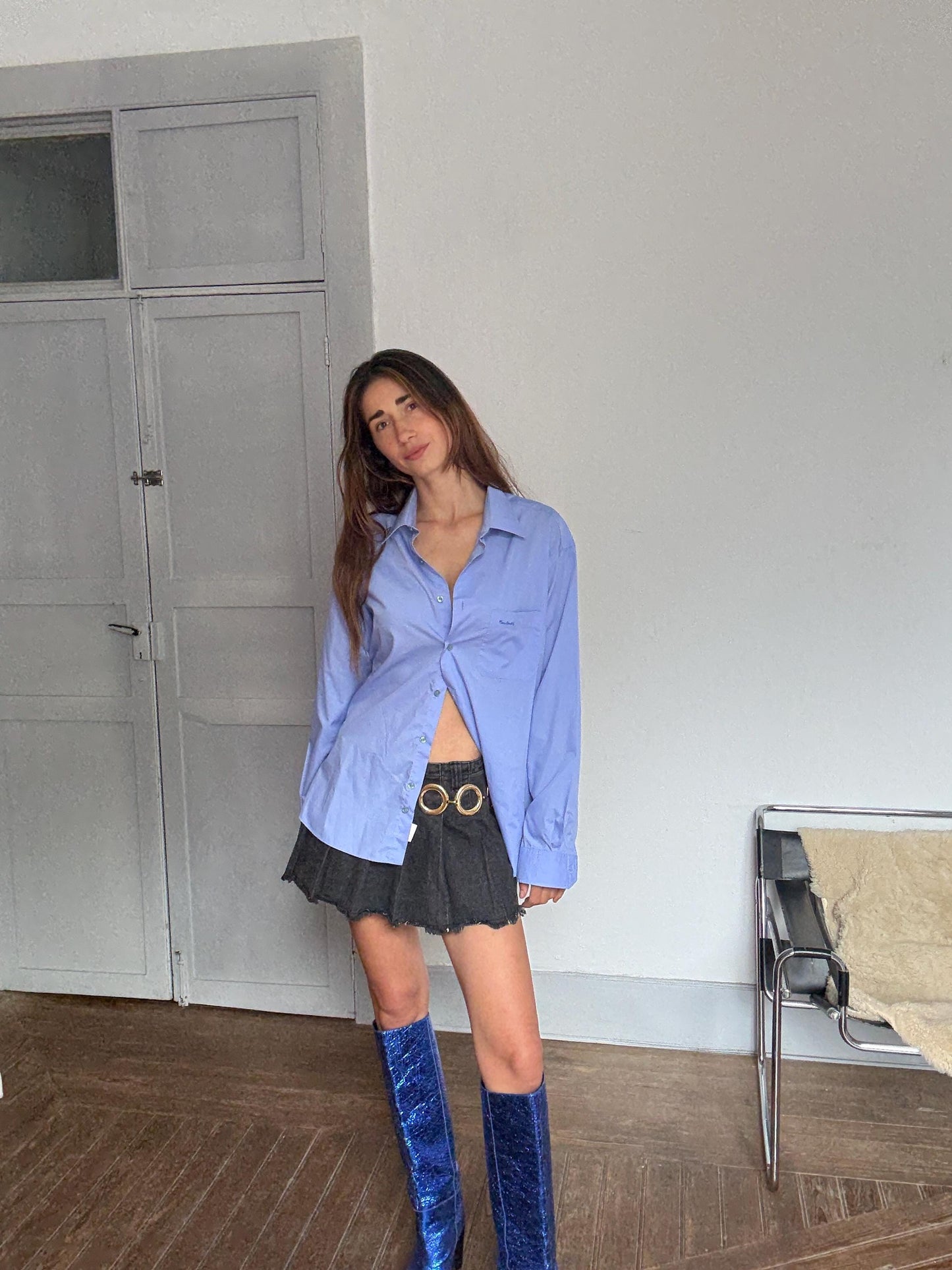 Vintage Pierre Cardin Classic Blue Shirt – Unisex Oversized Button-Up, 80s Style in Cotton Blend, Menswear-Inspired, Size L