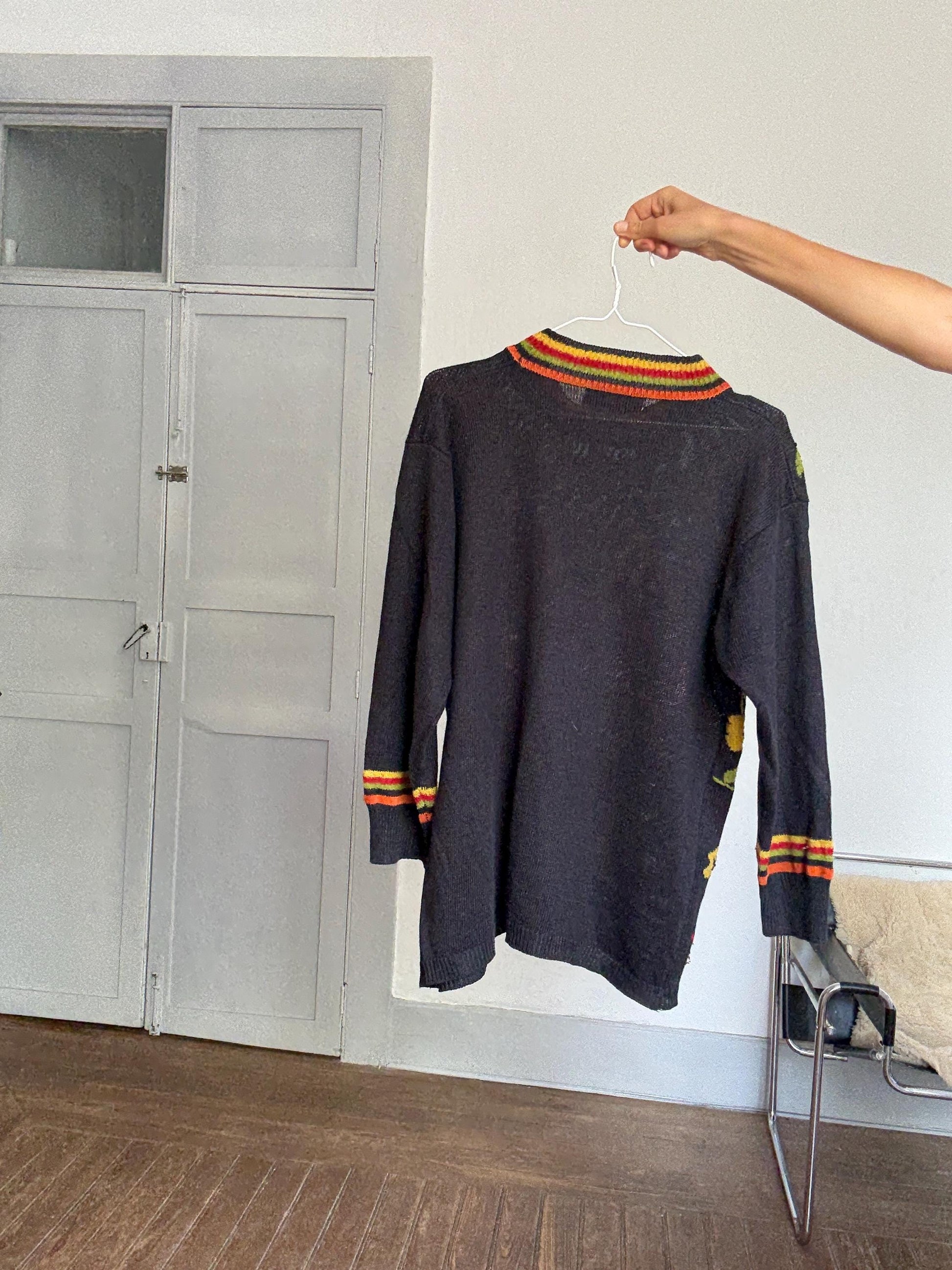 Vintage Frank Saut Floral Knit Sweater | Bold Colorful Print | Iconic Sade Style Statement Piece | Free Size 80s Boho Cozy Knit