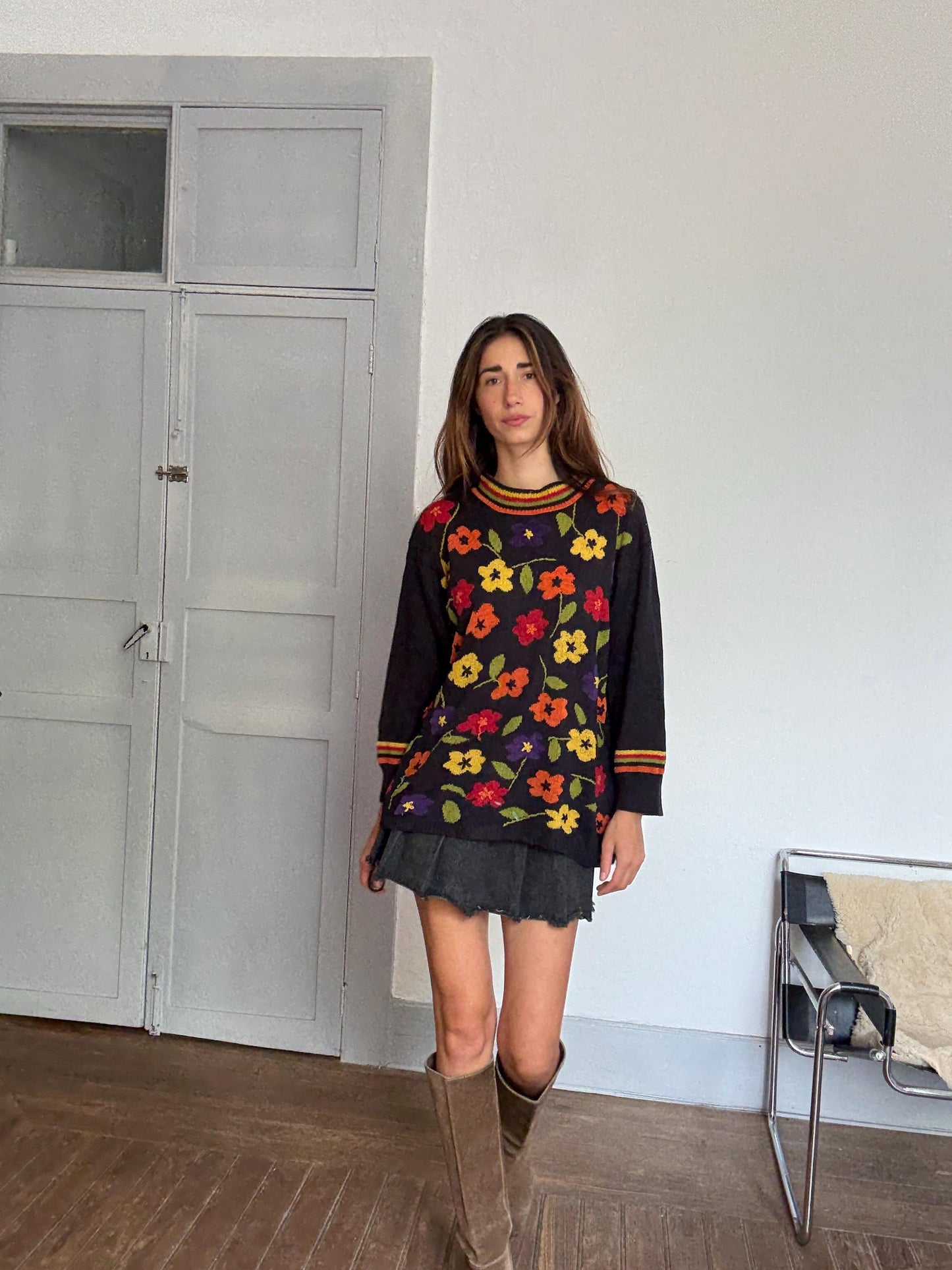 Vintage Frank Saut Floral Knit Sweater | Bold Colorful Print | Iconic Sade Style Statement Piece | Free Size 80s Boho Cozy Knit