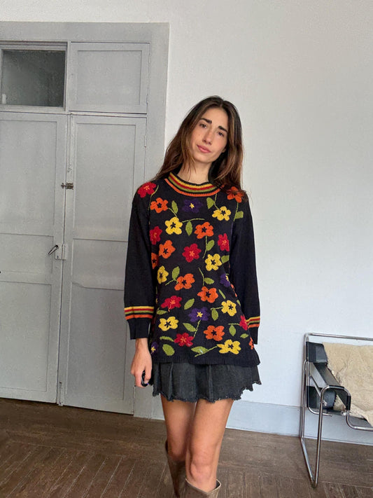 Vintage Frank Saut Floral Knit Sweater | Bold Colorful Print | Iconic Sade Style Statement Piece | Free Size 80s Boho Cozy Knit