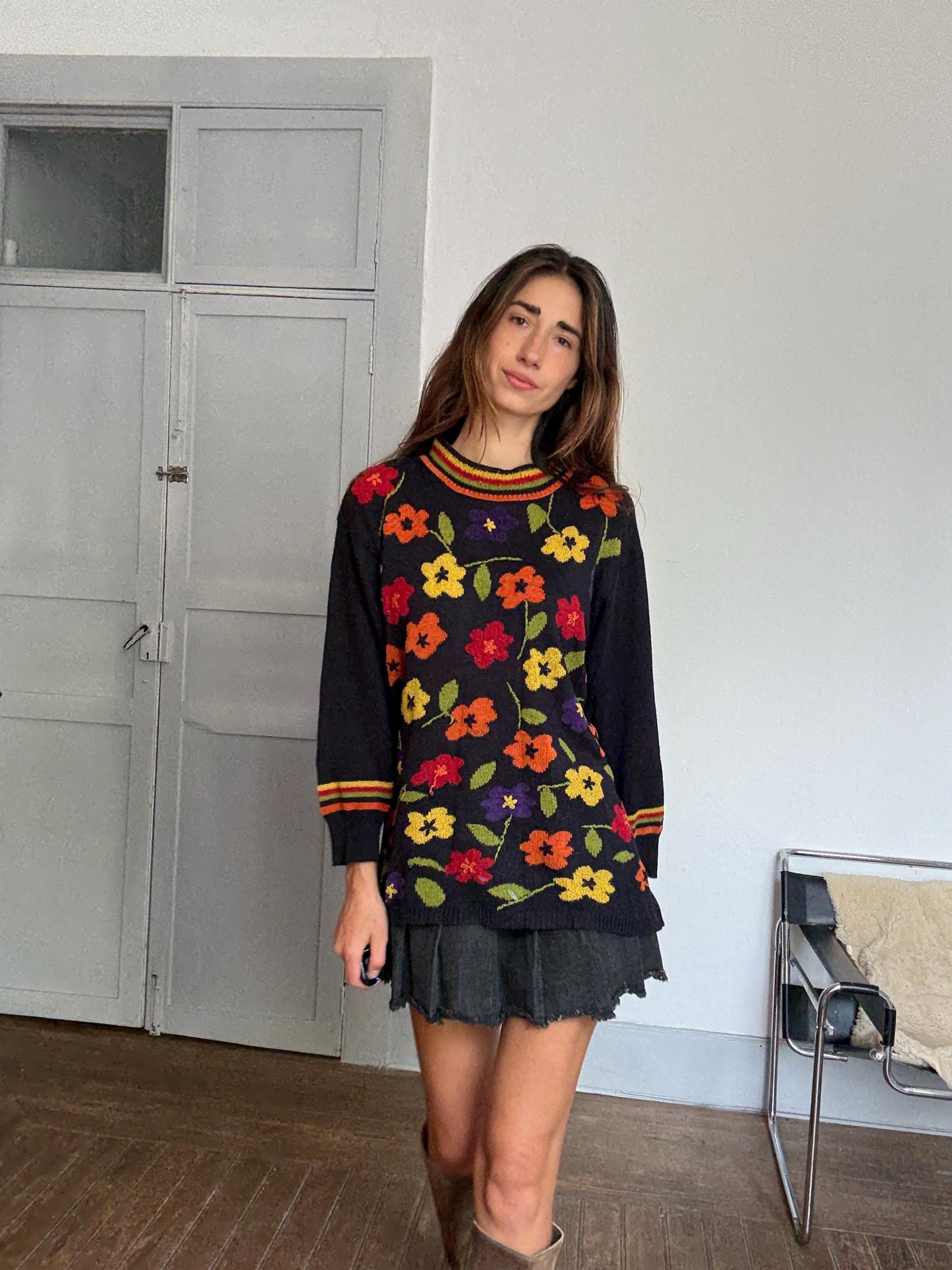 Vintage Frank Saut Floral Knit Sweater | Bold Colorful Print | Iconic Sade Style Statement Piece | Free Size 80s Boho Cozy Knit