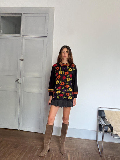 Vintage Floral Knit Sweater With Bold Print — fabric close-up