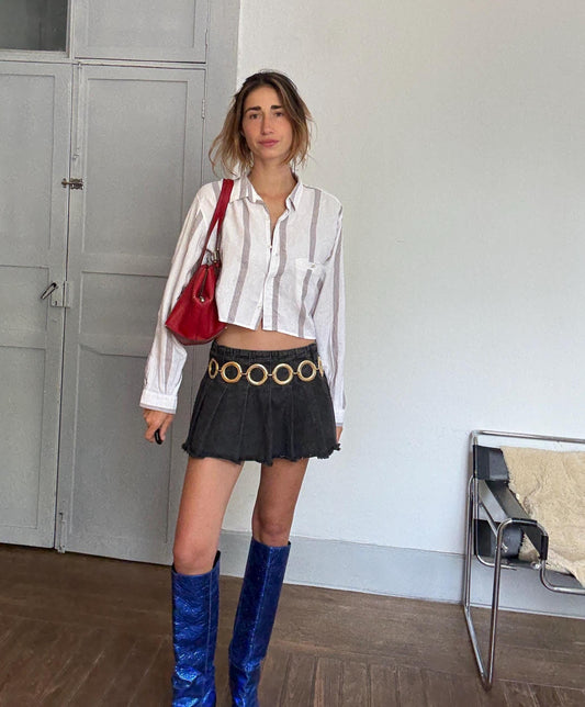 Reworked Cropped Button-Up Shirt – Vintage Rivela in Textured Striped Fabric, Upcycled from Menswear, Soft Linen Feel, Size M