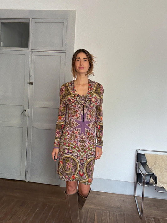 Vintage Etro Milano Designer Dress – Bold Bohemian Print, Made in Italy, Soft Stretch Fabric, Long Sleeve Luxury Piece, Size 46