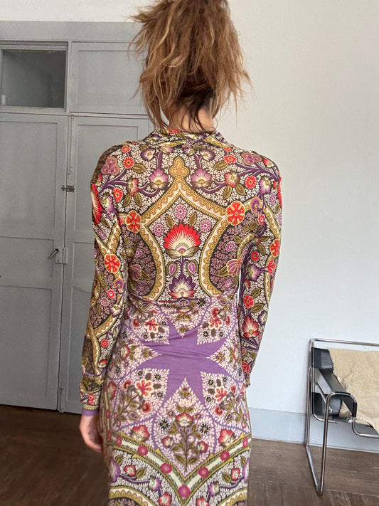 Vintage Etro Milano Designer Dress – Bold Bohemian Print, Made in Italy, Soft Stretch Fabric, Long Sleeve Luxury Piece, Size 46