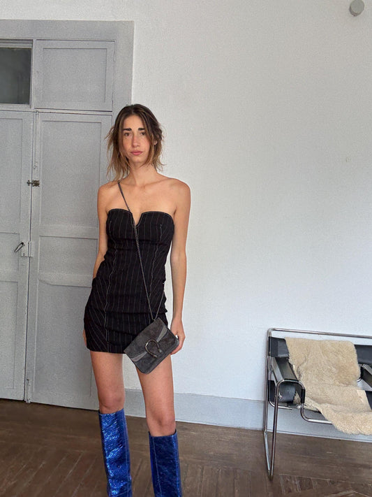 Vintage Italian Leather Crossbody Bag – Snake Buckle Detail, Dark Glossy Finish, Magnetic Closure, Shoulder or Evening Purse