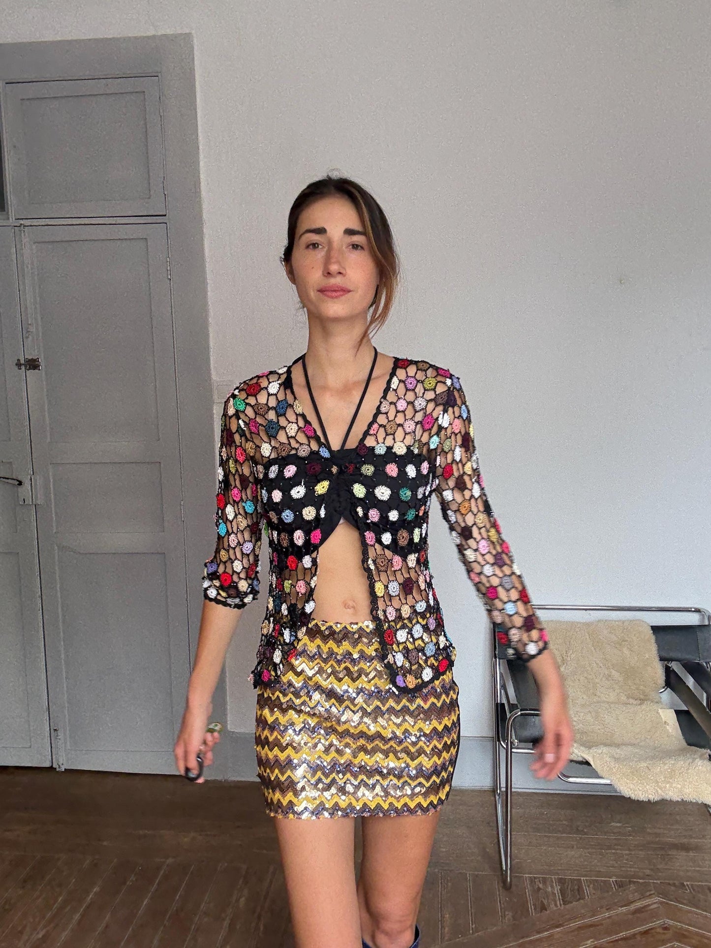 Vintage crochet pathwork glitter vest, Boho festival top, See through sparkly cardigan, Bohemian colourful summer clothing, Size S