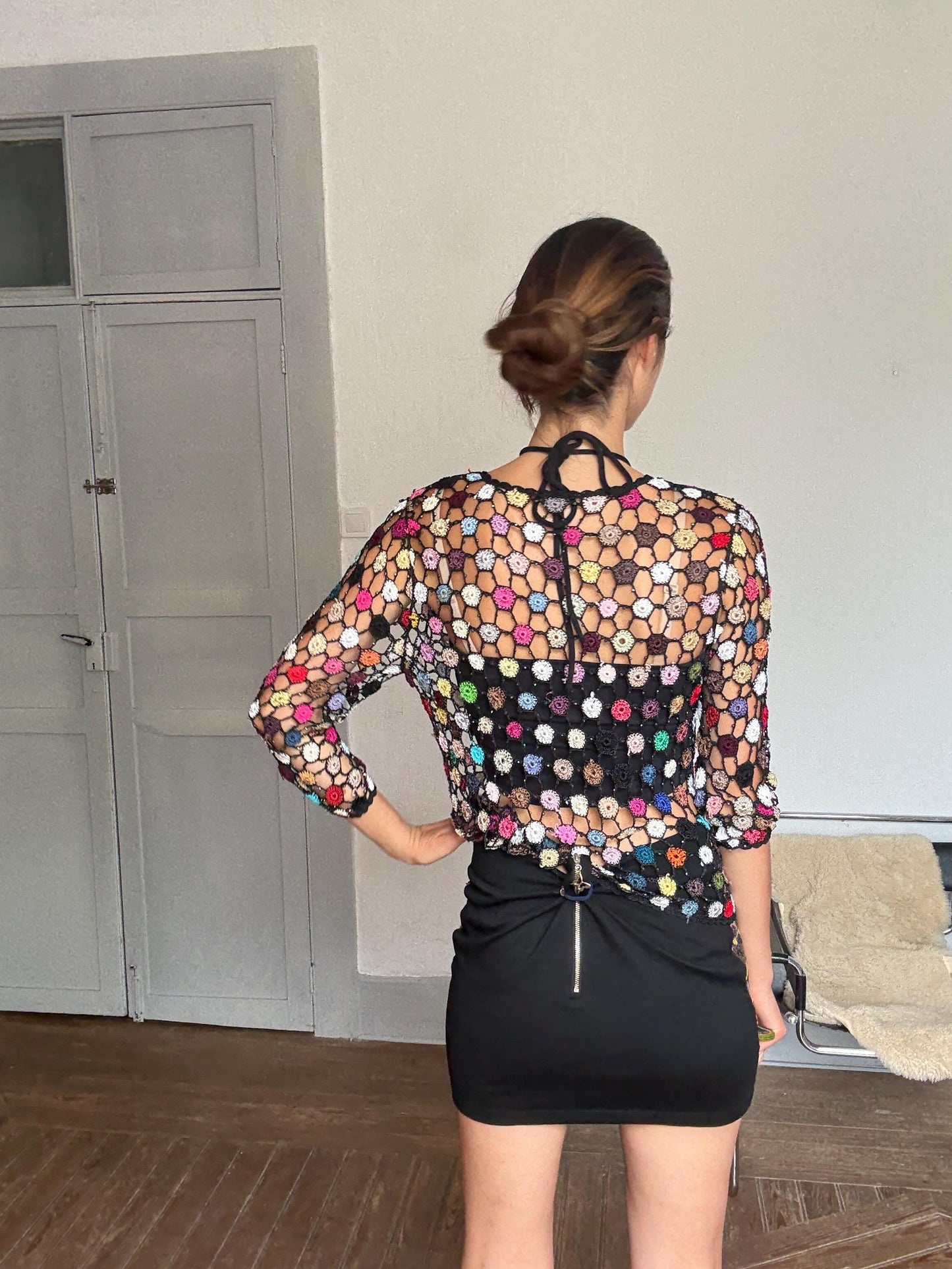 Bohemian Vintage crochet pathwork glitter vest, Boho festival top, S