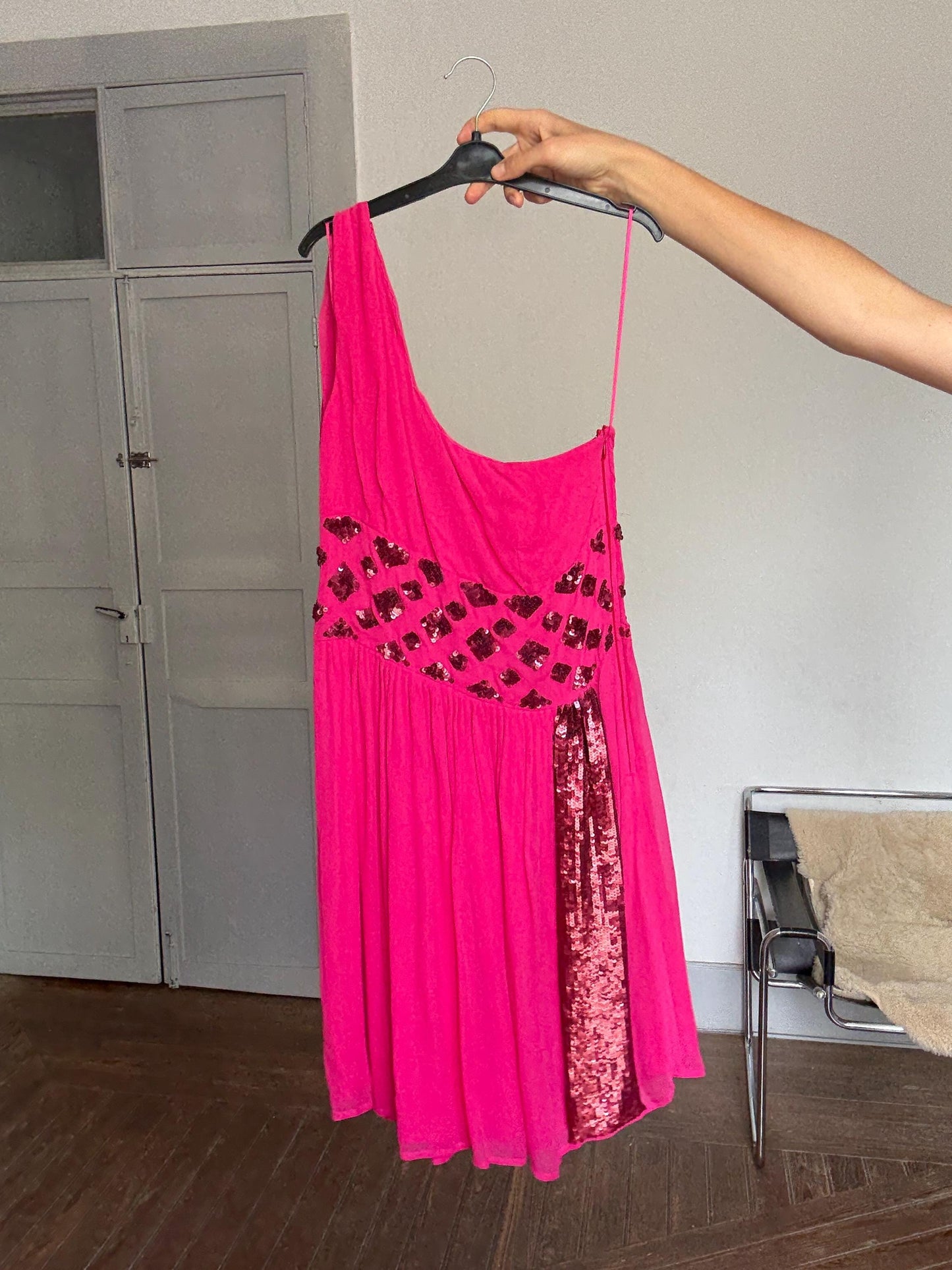 Pink One-Shoulder Sequin Mini Dress – Size 38 | Sparkly Cocktail Party Dress | Y2K Glam Look | Side Zipper Closure