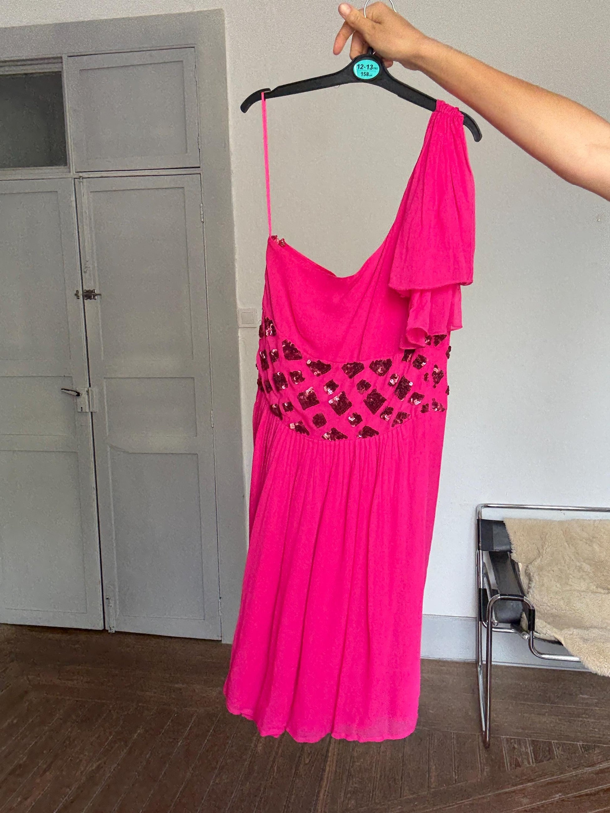 Pink One-Shoulder Sequin Mini Dress – Size 38 | Sparkly Cocktail Party Dress | Y2K Glam Look | Side Zipper Closure