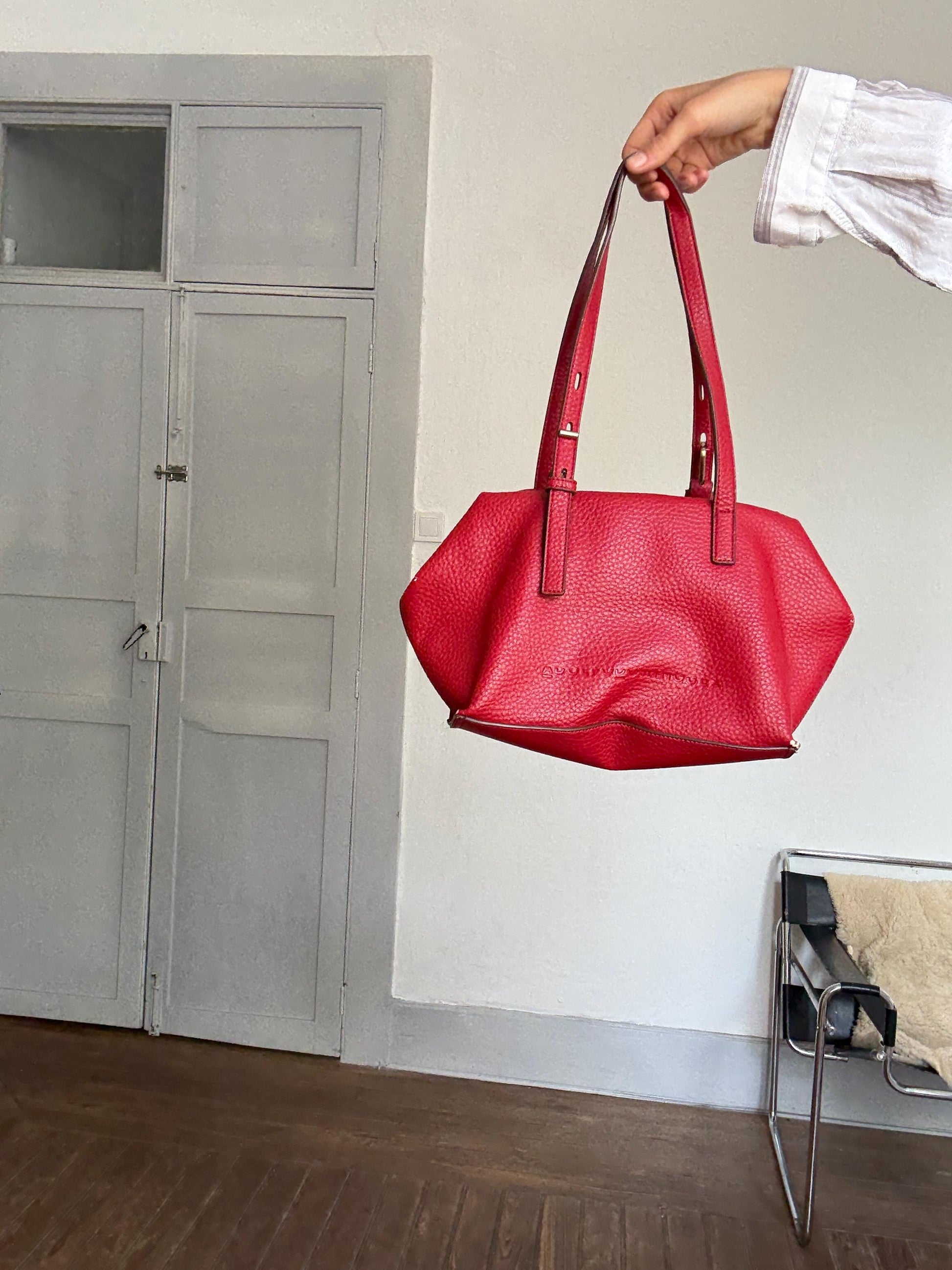 Red Shoulder Bag – Bold Designer Tote, Textured Finish, Adolfo Dominguez Red faux Leather Shoulder Bag – Bold Designer Tote, Bargain deal