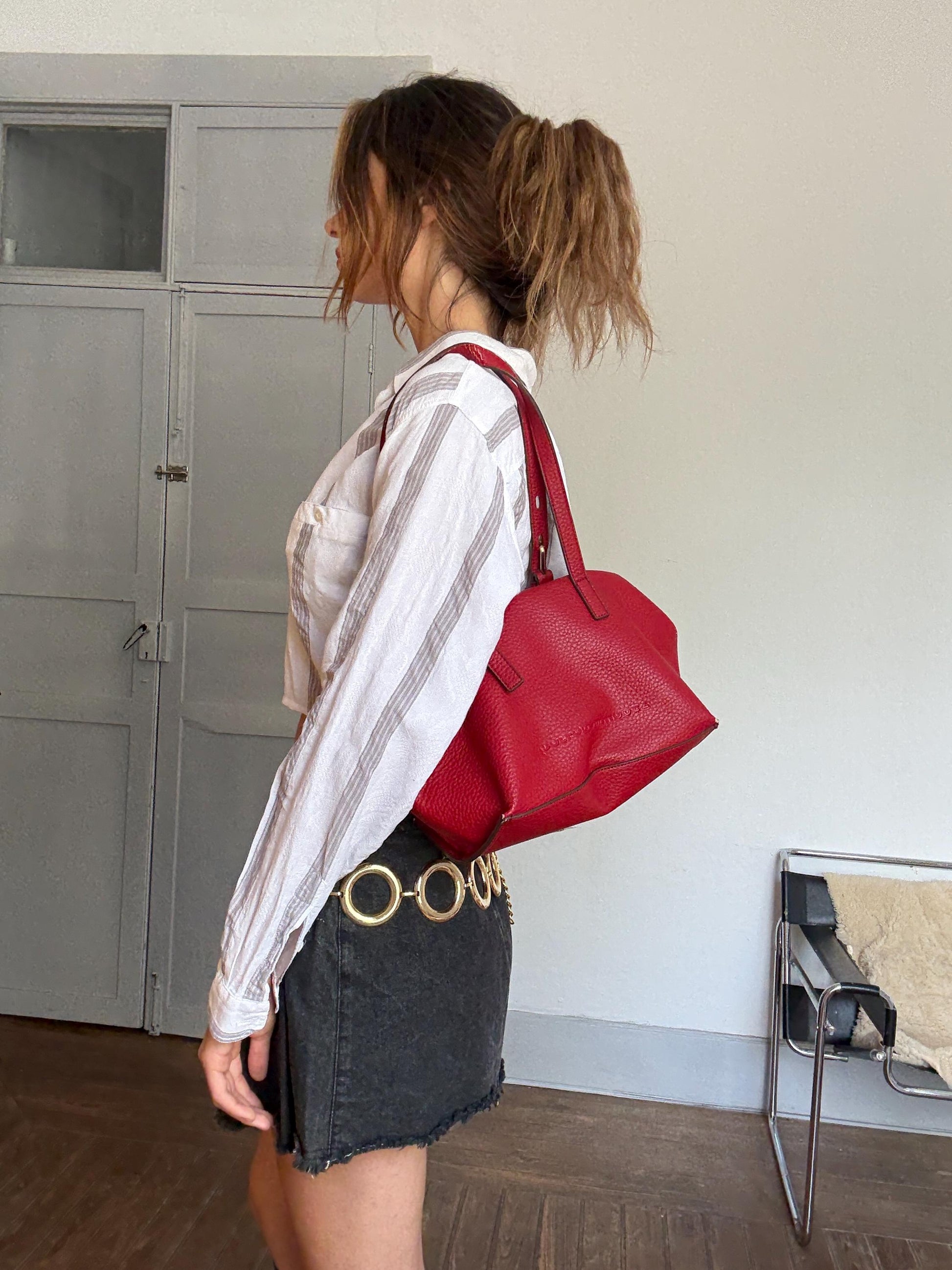 Red Shoulder Bag – Bold Designer Tote, Textured Finish, Adolfo Dominguez Red faux Leather Shoulder Bag – Bold Designer Tote, Bargain deal