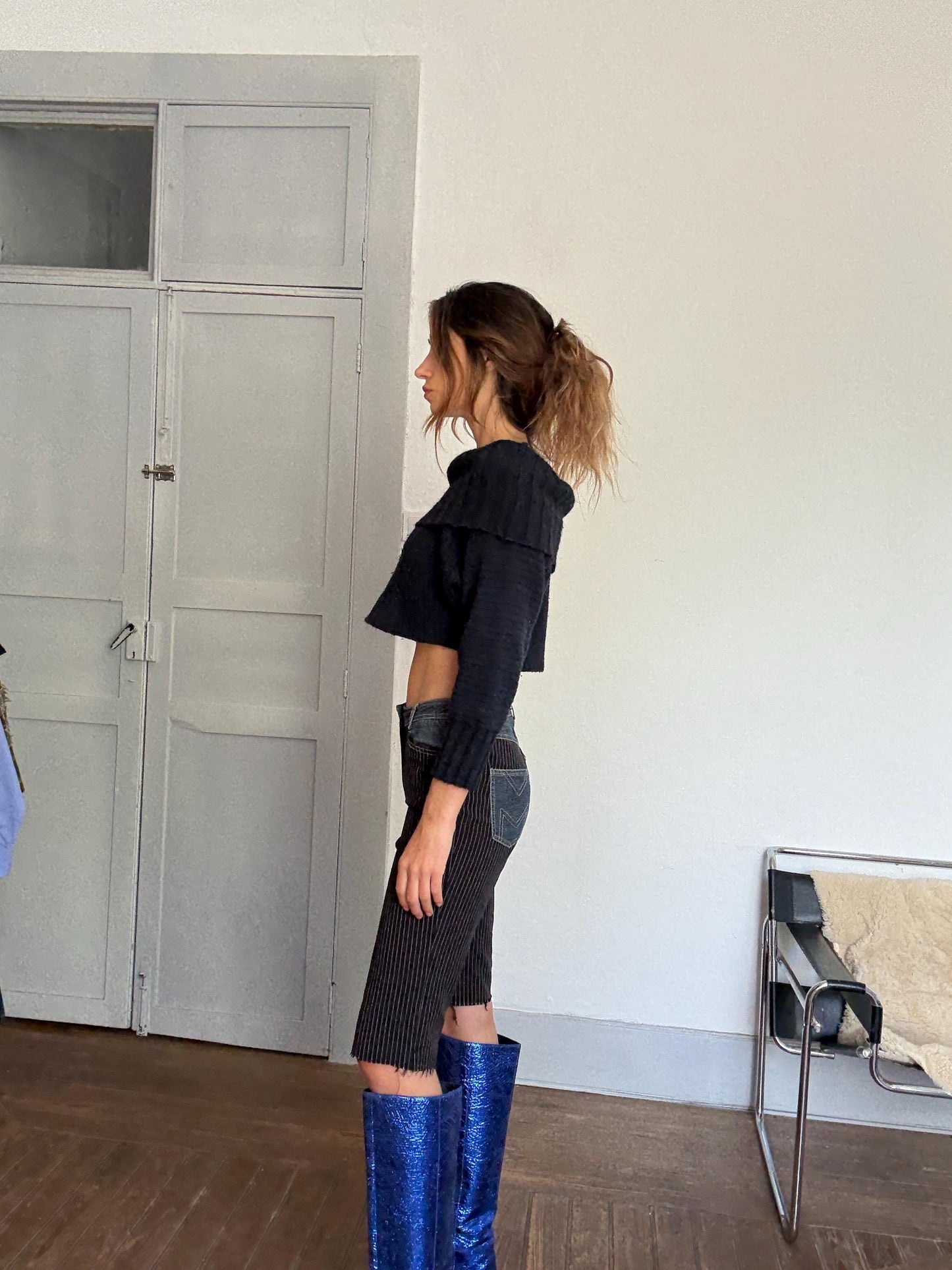 Y2K Pinstripe & Denim Patchwork Capri Pants – Vintage 90s Low Waist Pants | Size M